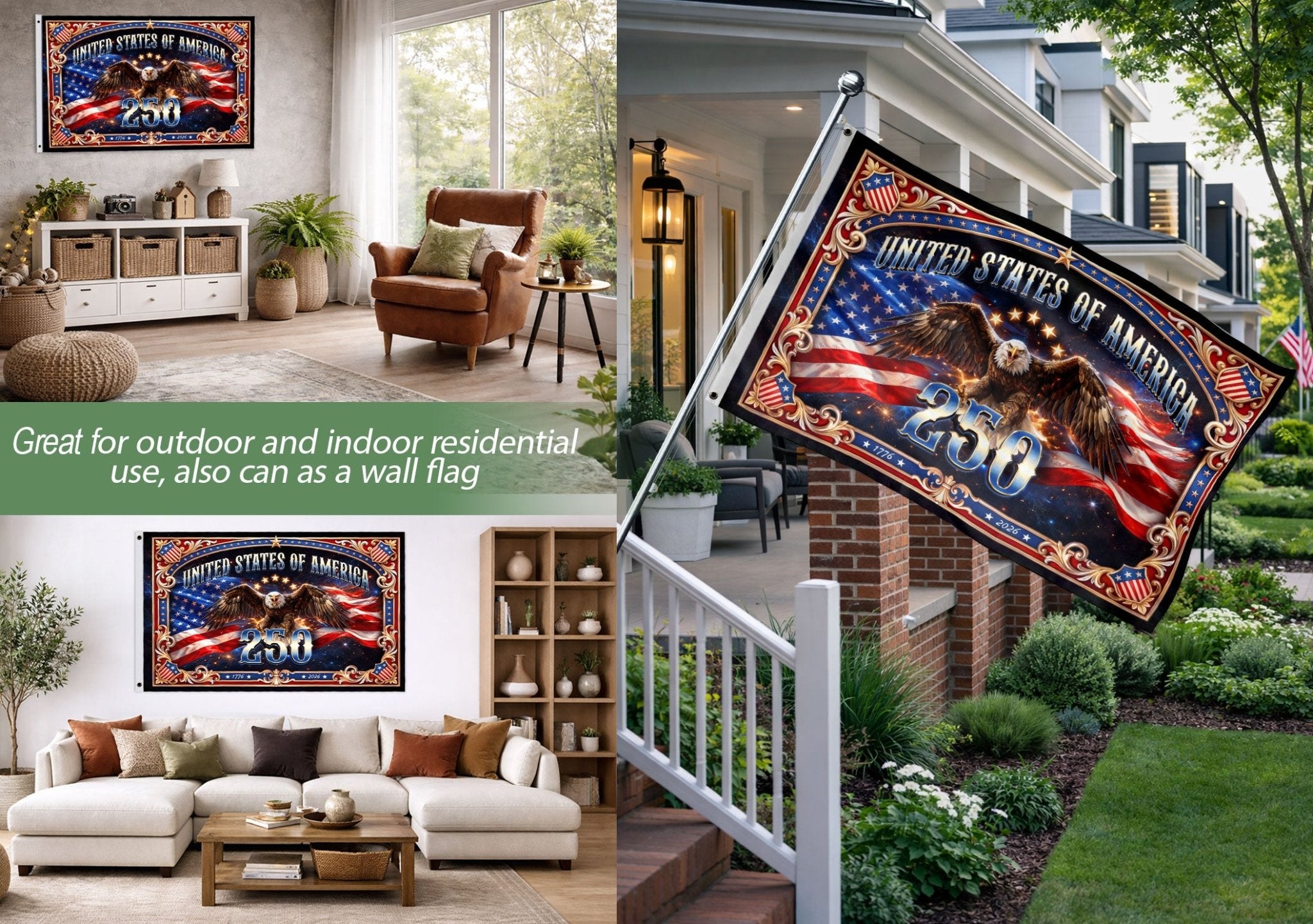 USA 250 Years Patriotic Flag - Majestic Bald Eagle & Stars Outdoor Banner 1776-2026 - Rust Field Wear