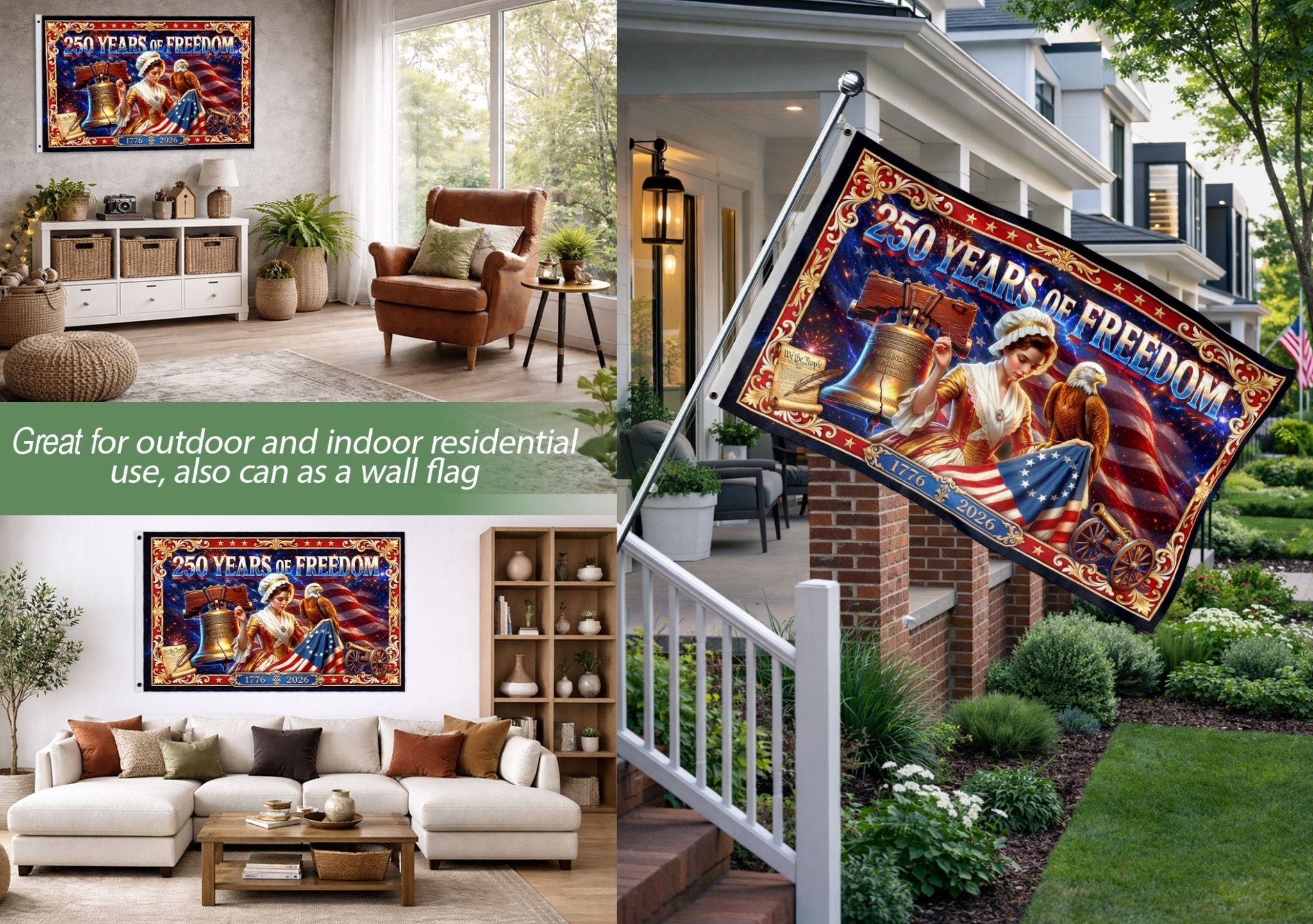 USA 250 Years of Freedom Flag - Betsy Ross & Liberty Bell Patriotic Banner 1776-2026 - Rust Field Wear