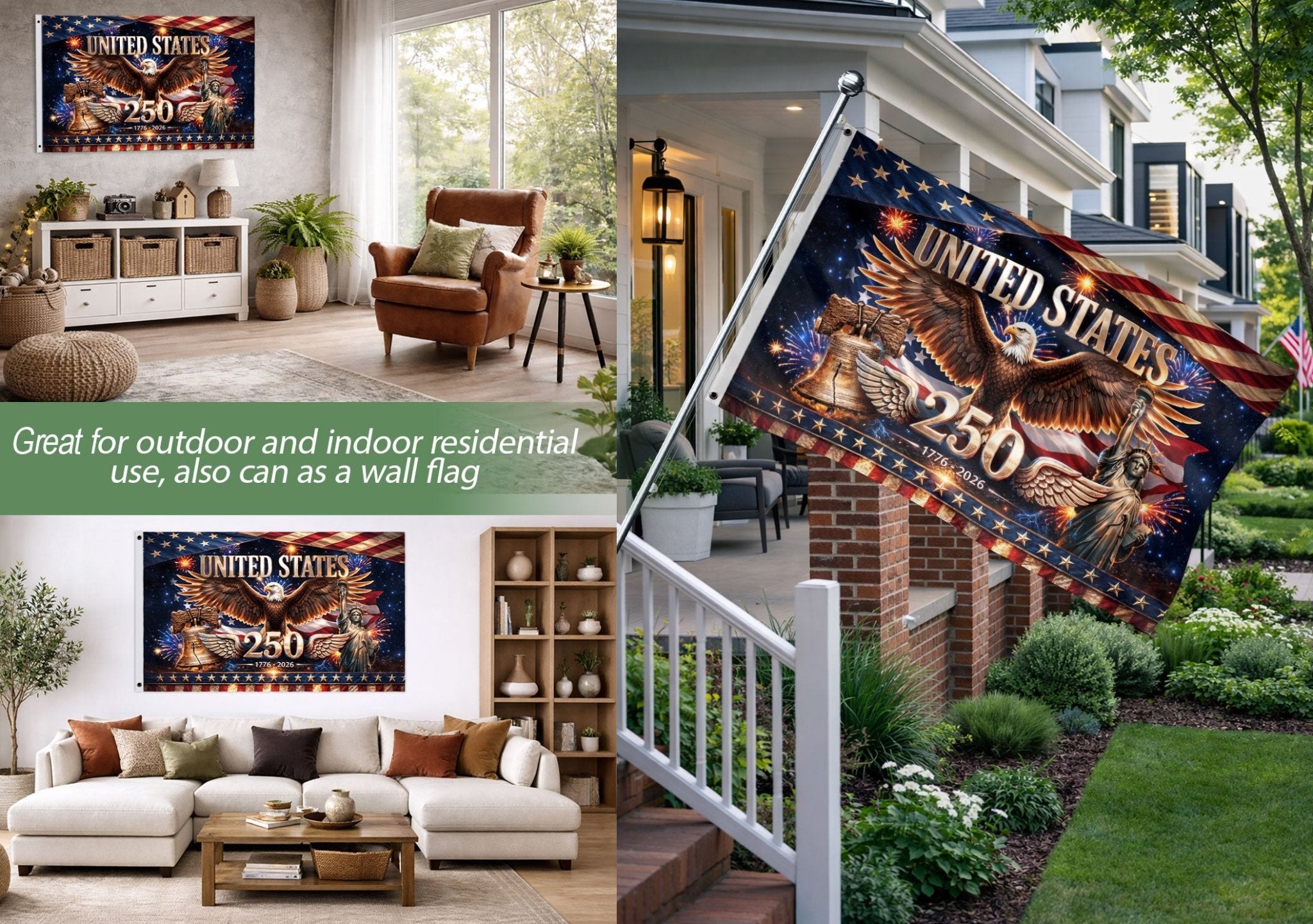 United States 250 Years Flag - Iconic Liberty Bell & Statue of Liberty Patriotic Banner - Rust Field Wear