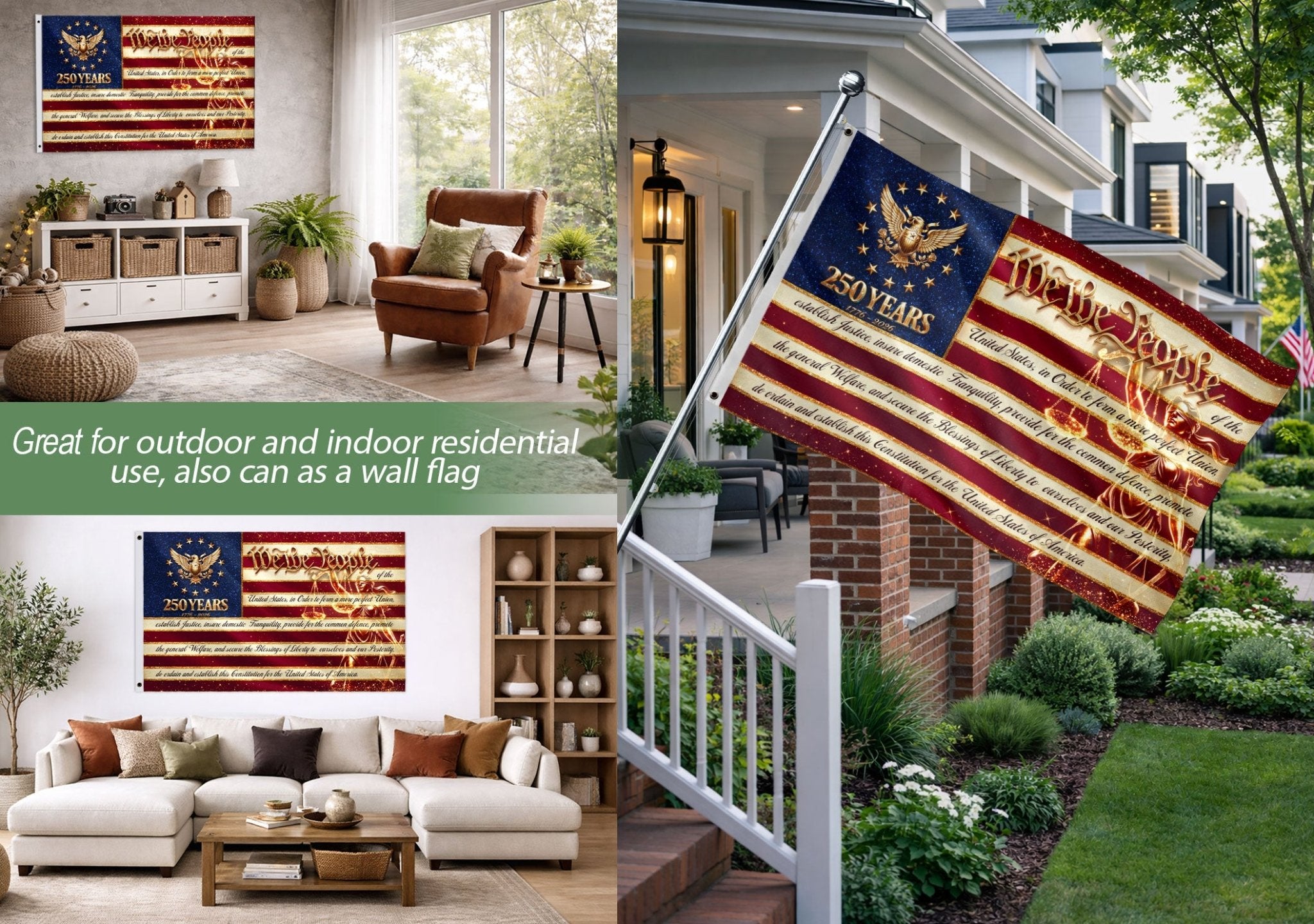 250 Years 1776-2026 American Flag We The People Constitution Preamble Lady Justice Banner - Rust Field Wear
