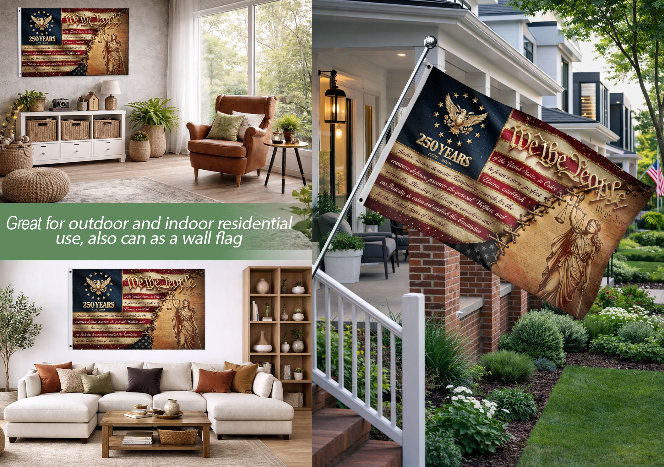250 Years 1776-2026 Flag We The People Preamble Constitution Lady Justice Patriotic Banner