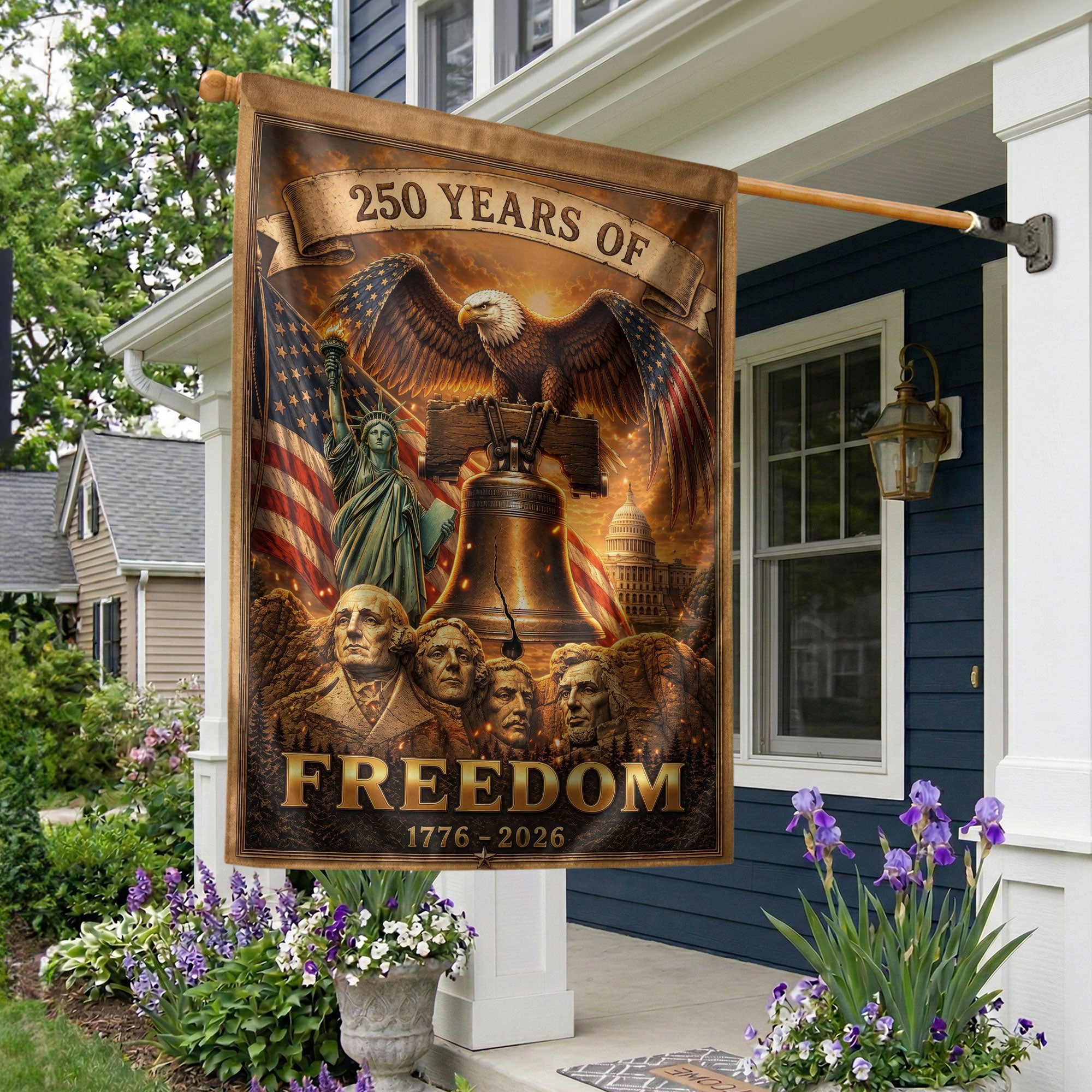 USA 250 Years of Freedom House Flag - Mt. Rushmore & Liberty Icons Patriotic Banner - Rust Field Wear