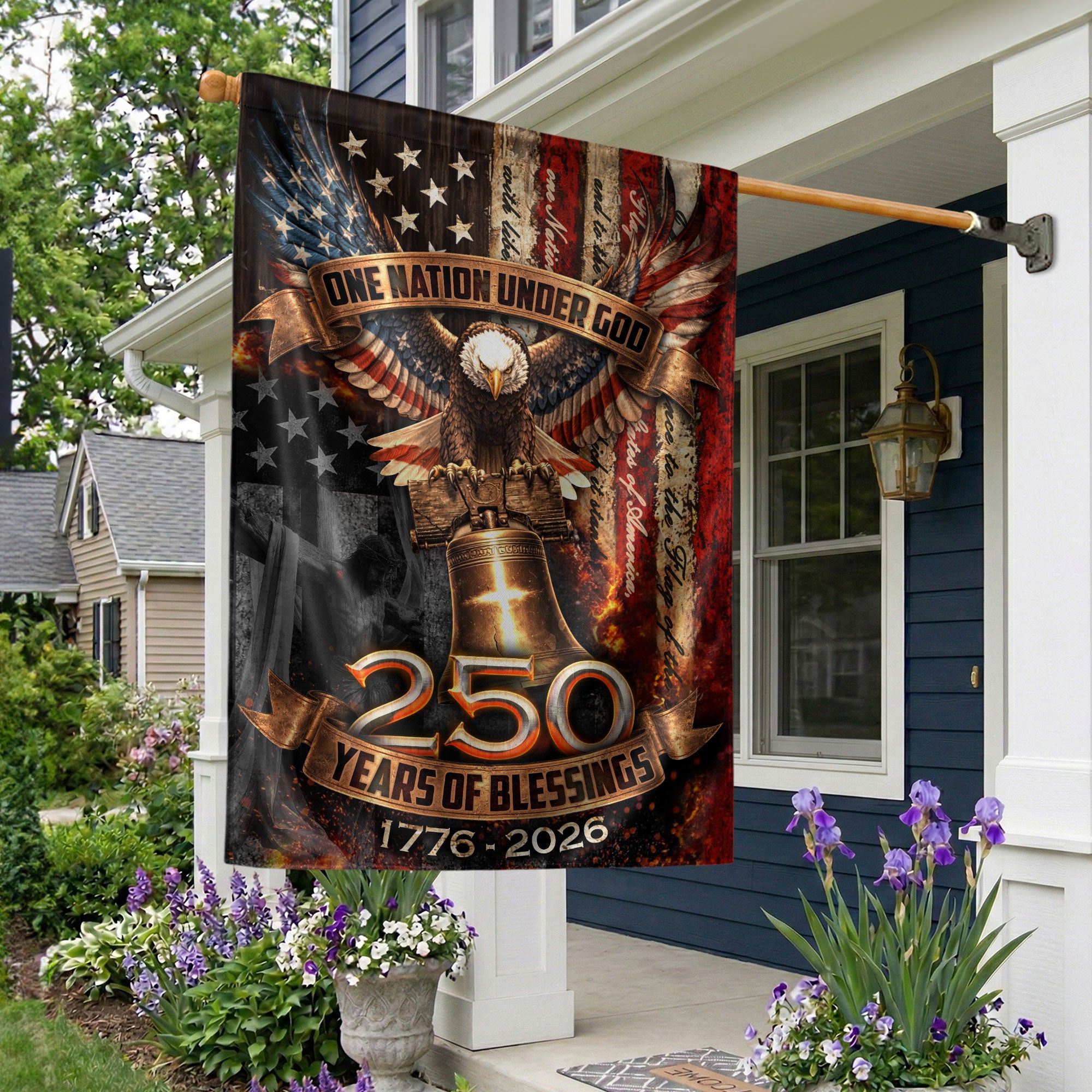 250 Years Garden Flag Eagle Liberty Bell Cross One Nation Under God Decor 1776-2026 - Rust Field Wear