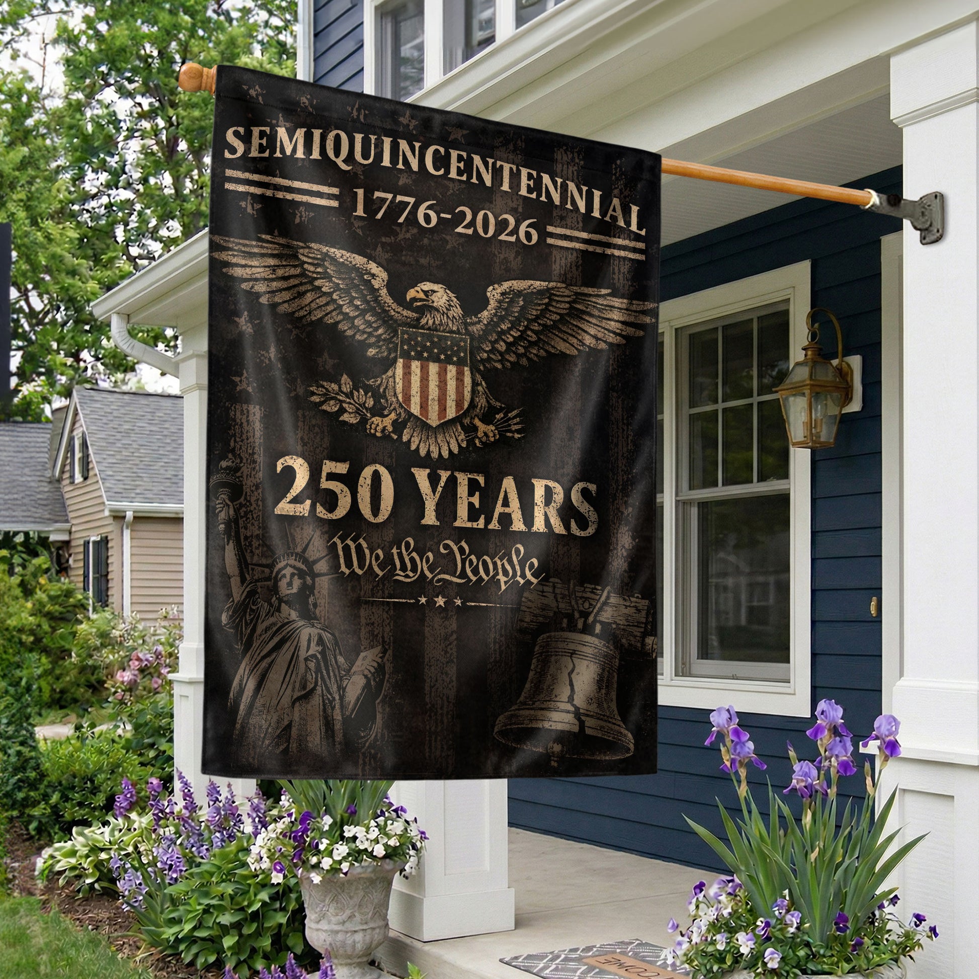 250th Anniversary United States Garden Flag - Liberty Bell & Eagle Patriotic Banner Decor - Rust Field Wear