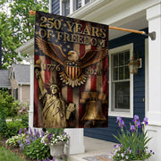 USA 250 Years of Freedom House Flag - Statue of Liberty & Liberty Bell Patriotic Banner - Rust Field Wear