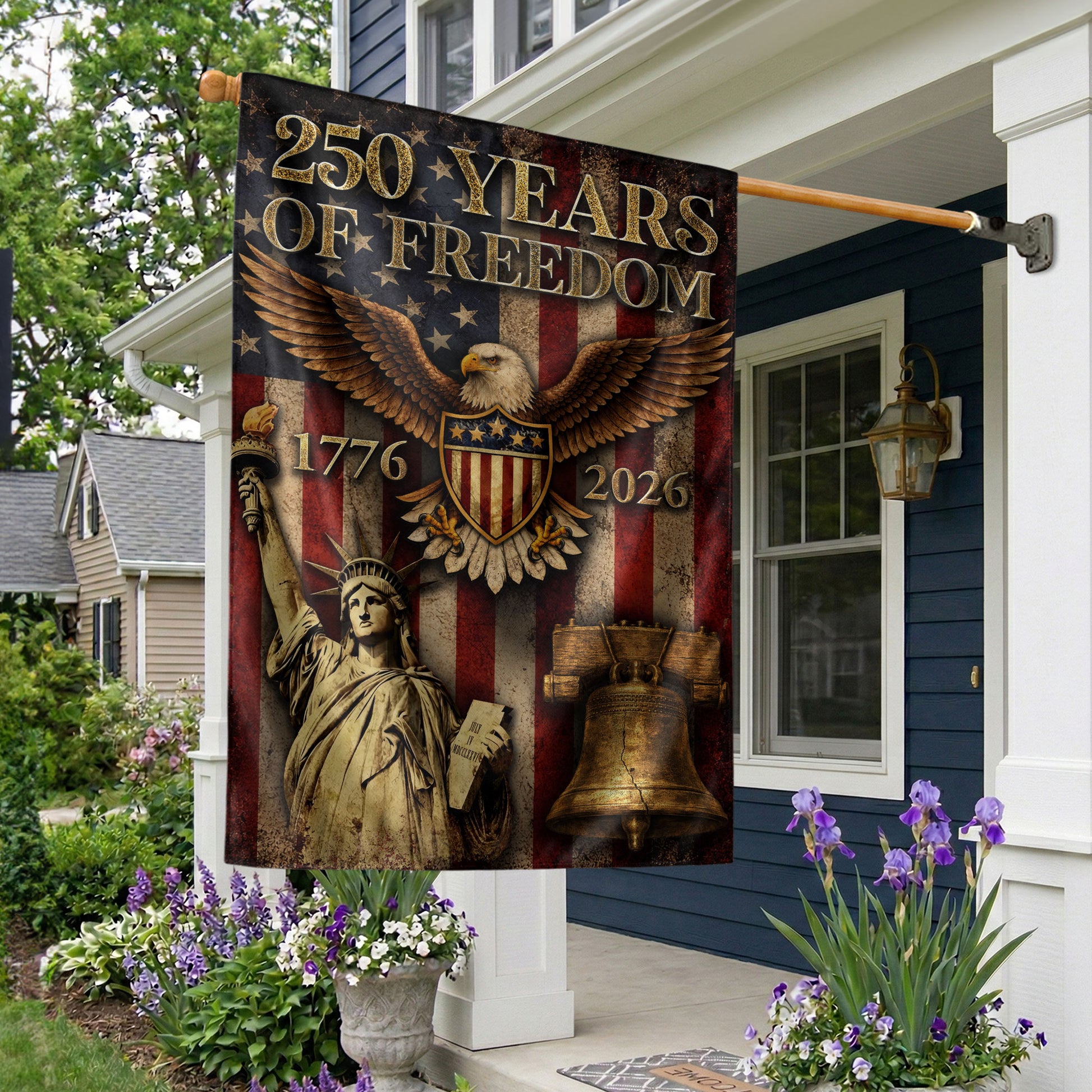 USA 250 Years of Freedom House Flag - Statue of Liberty & Liberty Bell Patriotic Banner - Rust Field Wear