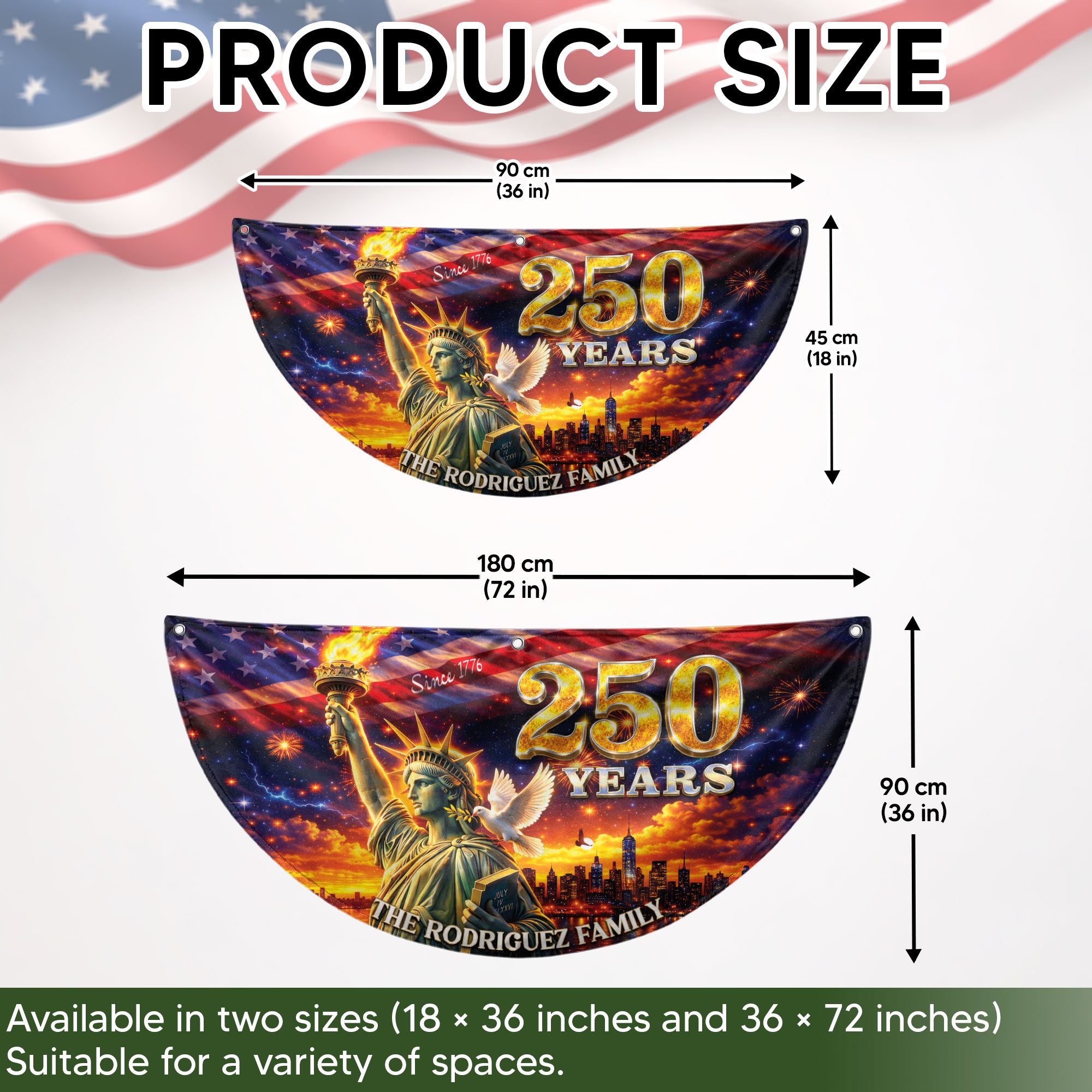 Custom Family Name 250 Years United States Statue of Liberty Patriot Bunting Fence Flag