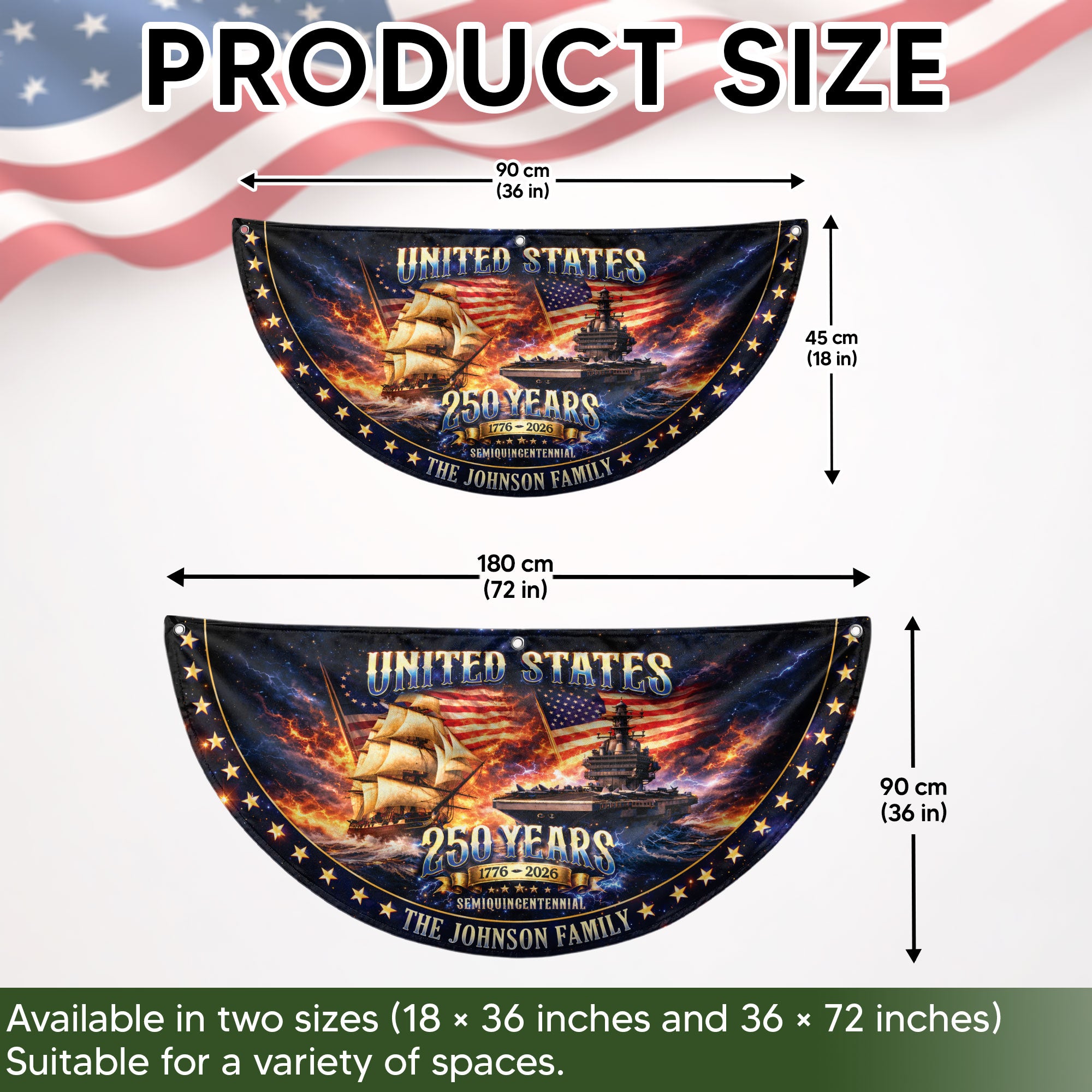 United States 250 Years Custom Family Name Fence Flag - 1776-2026 Patriot Navy Bunting