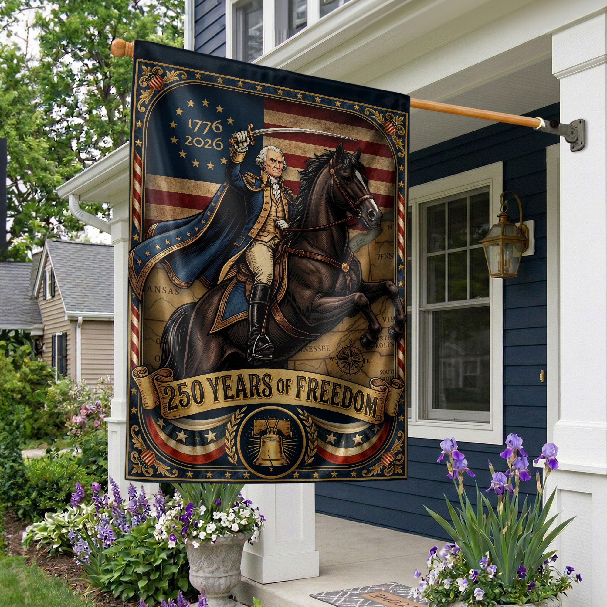 USA 250th Anniversary House Flag - George Washington Revolutionary War Banner