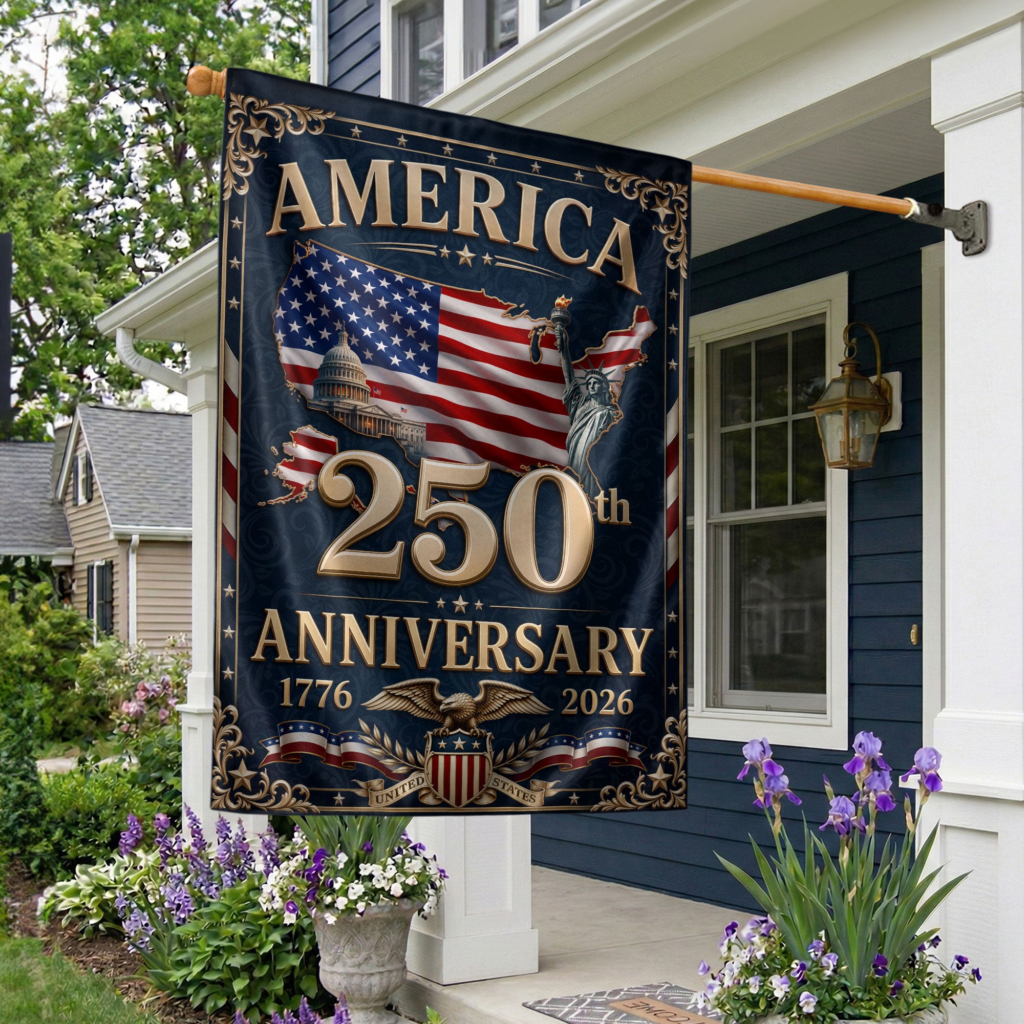 America 250th Anniversary House Flag - USA Map & Patriotic Icons Commemorative Banner