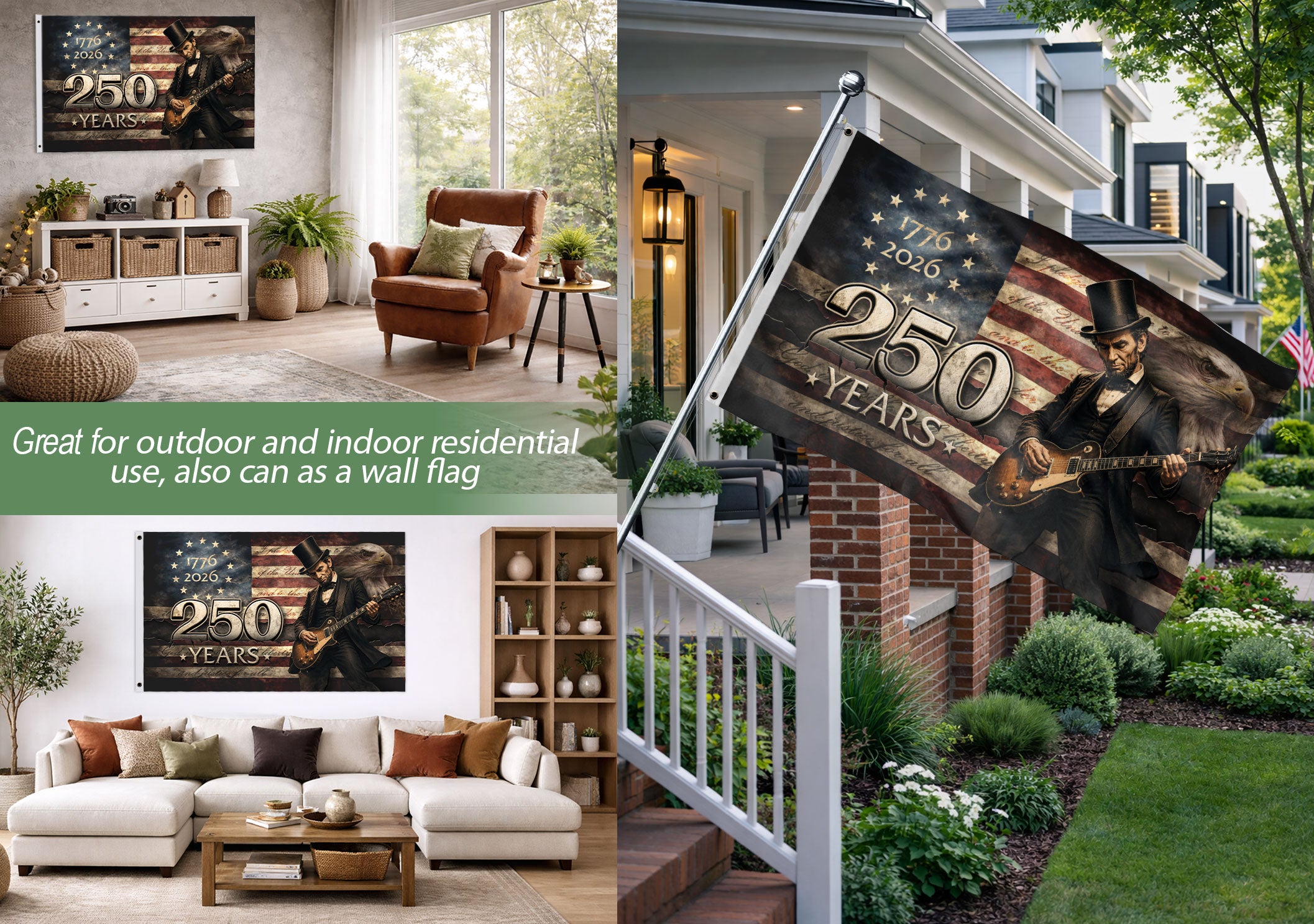 Patriotic 250 Years of Freedom Flag 1776-2026 Abraham Lincoln Guitar Bald Eagle US Banner