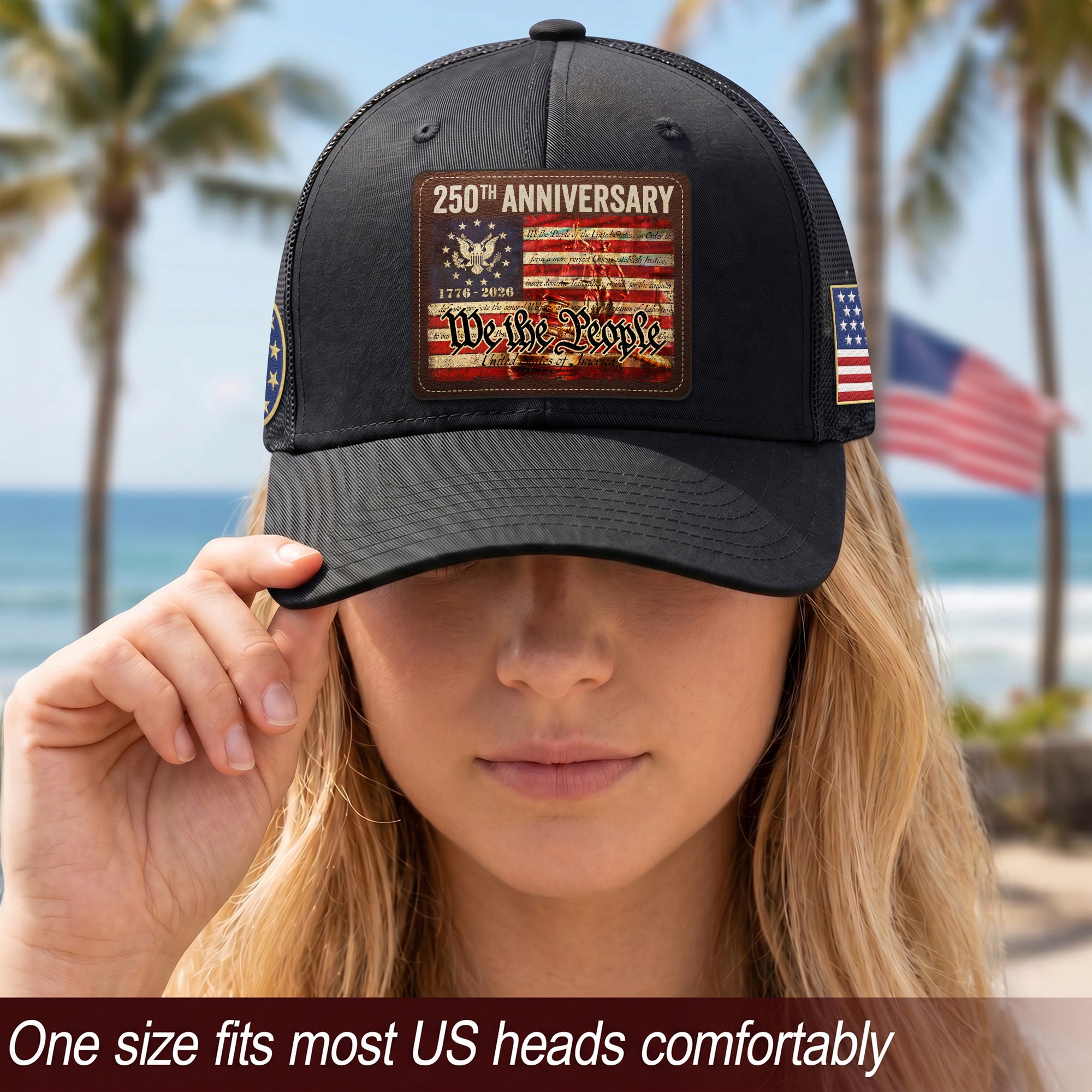 US 250th Anniversary Leather Patch Hat We The People Constitution Trucker Cap upsale