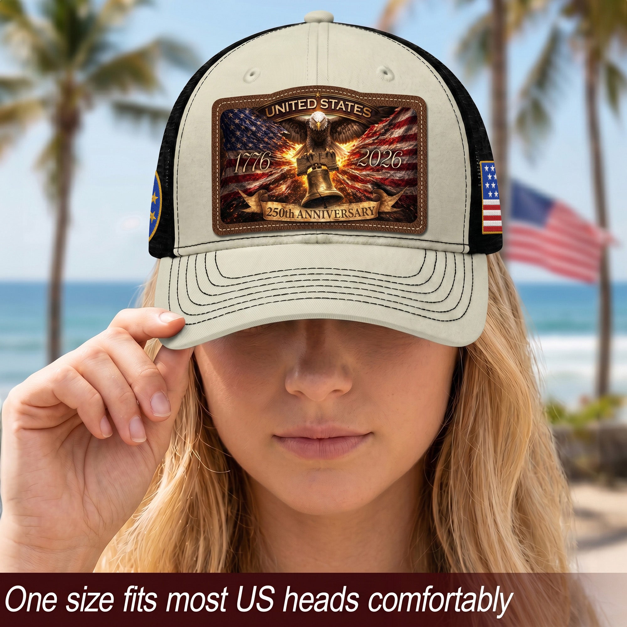 US 250th Anniversary Leather Patch Hat Liberty Bell Eagle Off White Trucker Cap upsale