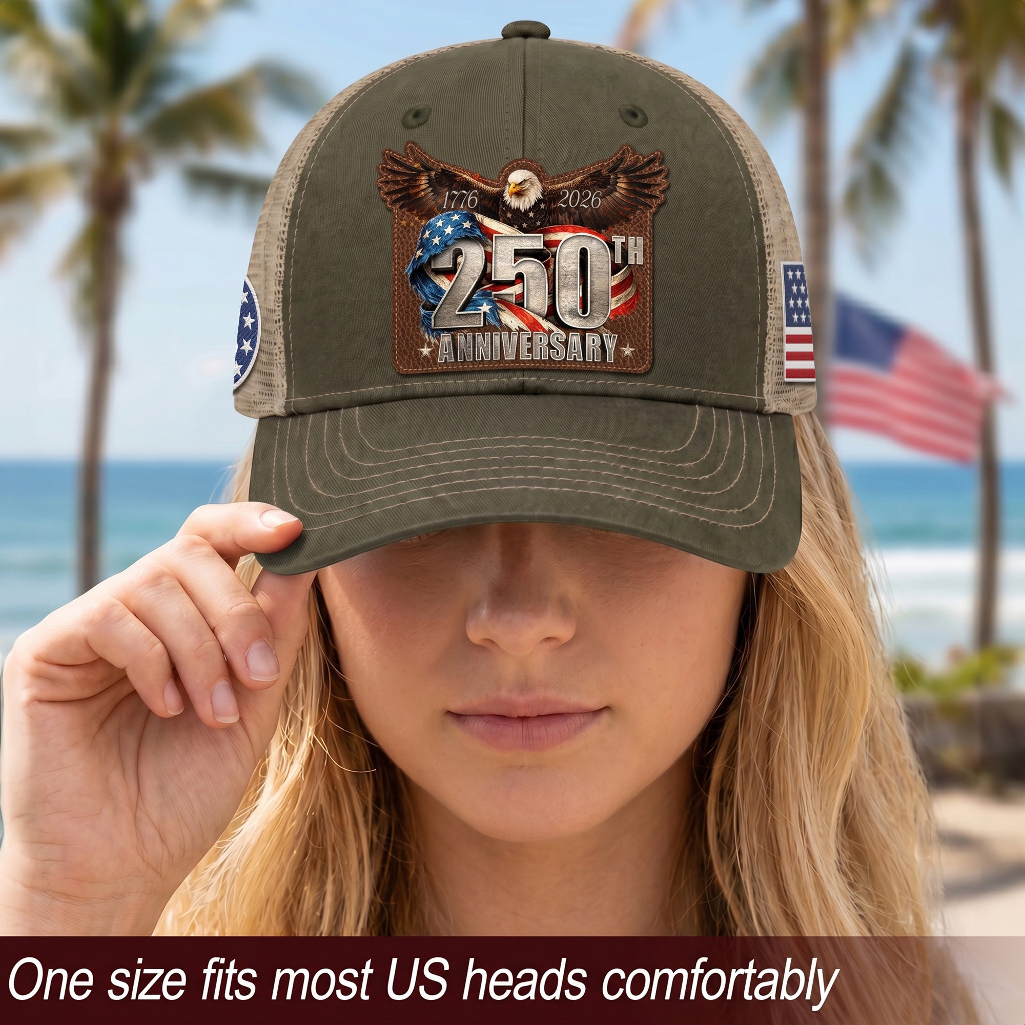 US 250th Anniversary Leather Patch Hat Patriotic Eagle Trucker Cap upsale
