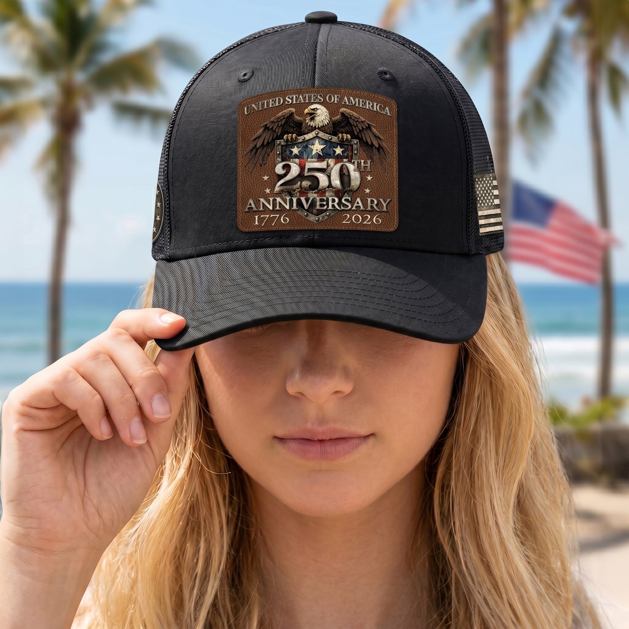US 250th Anniversary Leather Patch Hat Patriotic Eagle Shield Black Trucker Cap upsale