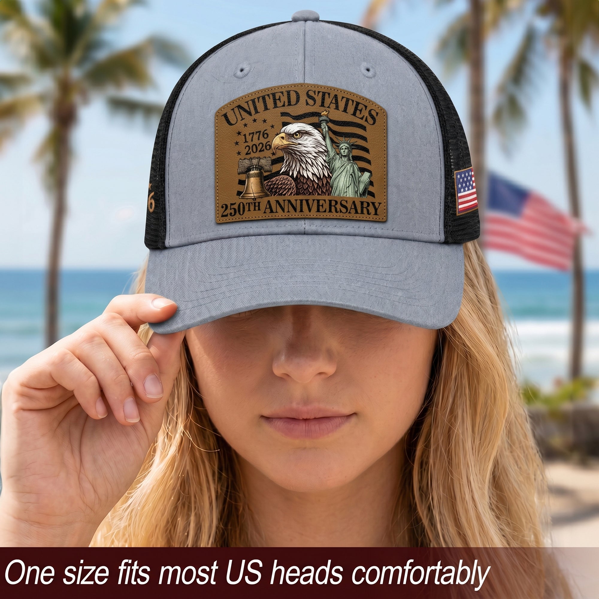 US 250th Anniversary Leather Patch Hat Patriotic American Eagle Trucker Cap