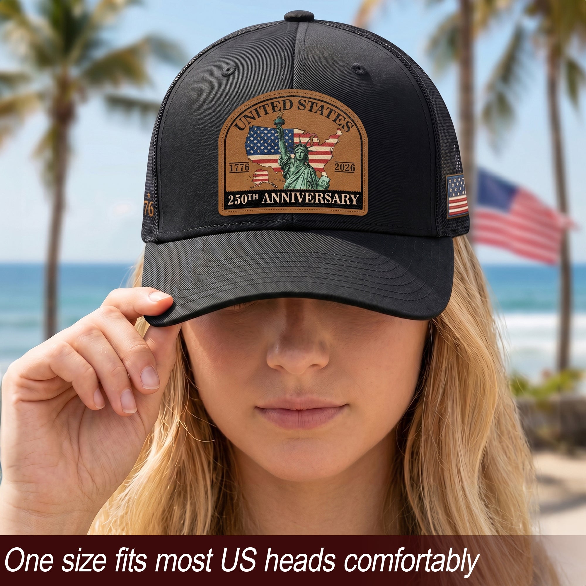 US 250th Anniversary Leather Patch Hat Statue of Liberty Black Trucker Cap