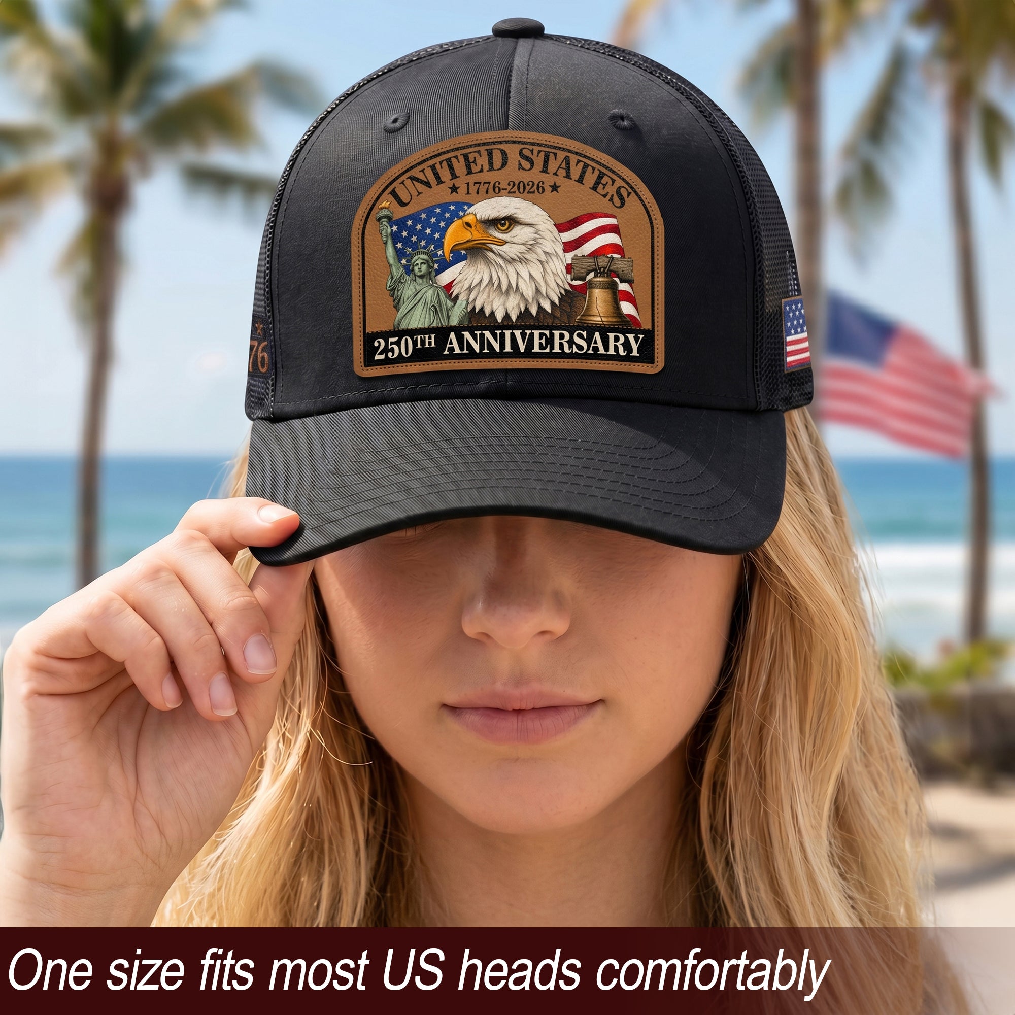 US 250th Anniversary Leather Patch Hat Patriotic Eagle Liberty Black Trucker Cap