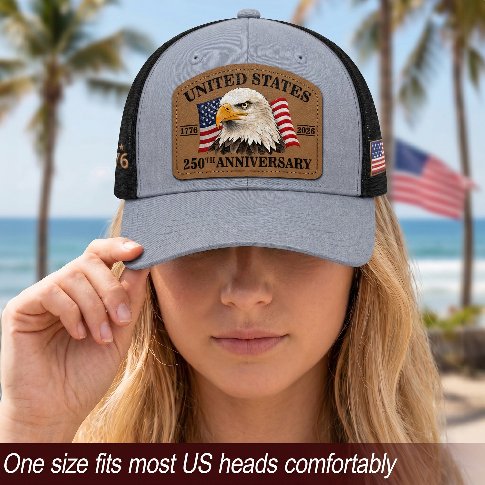 US 250th Anniversary Trucker Hat Patriotic American Eagle Leather Patch Gray Cap