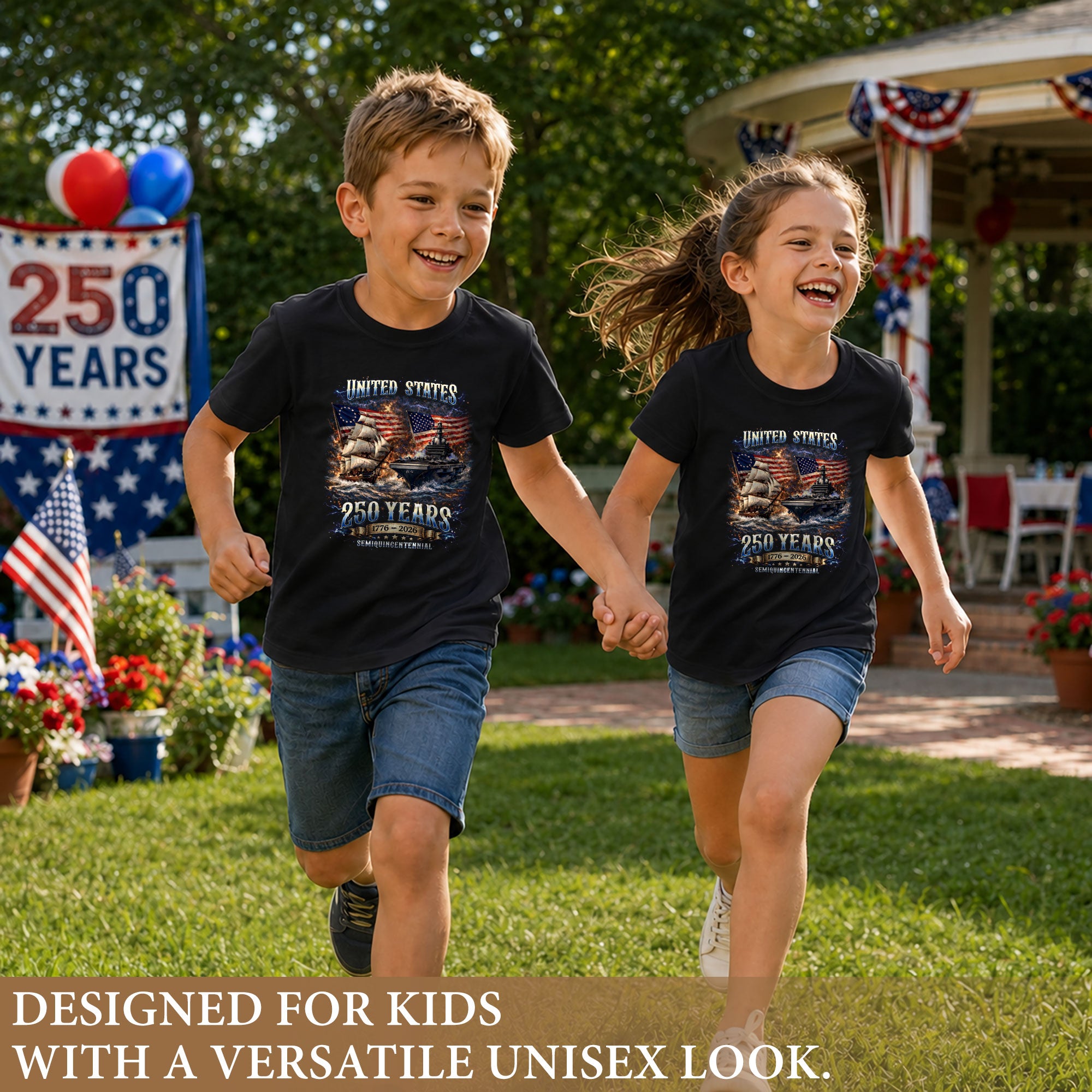 Kids United States 250 Years T-Shirt Patriotic Ship & Navy Heritage Tee 1776–2026