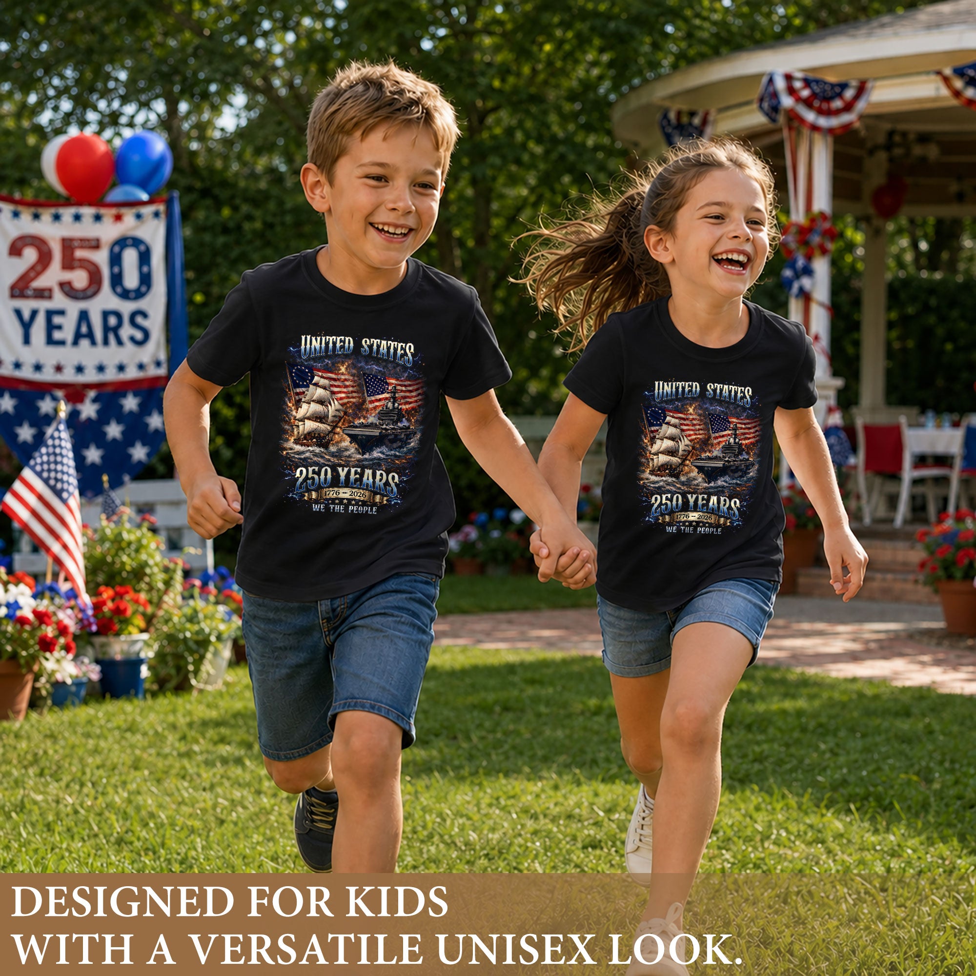Kids United States 250 Years T-Shirt Patriotic Ship & Navy Heritage Tee 1776–2026
