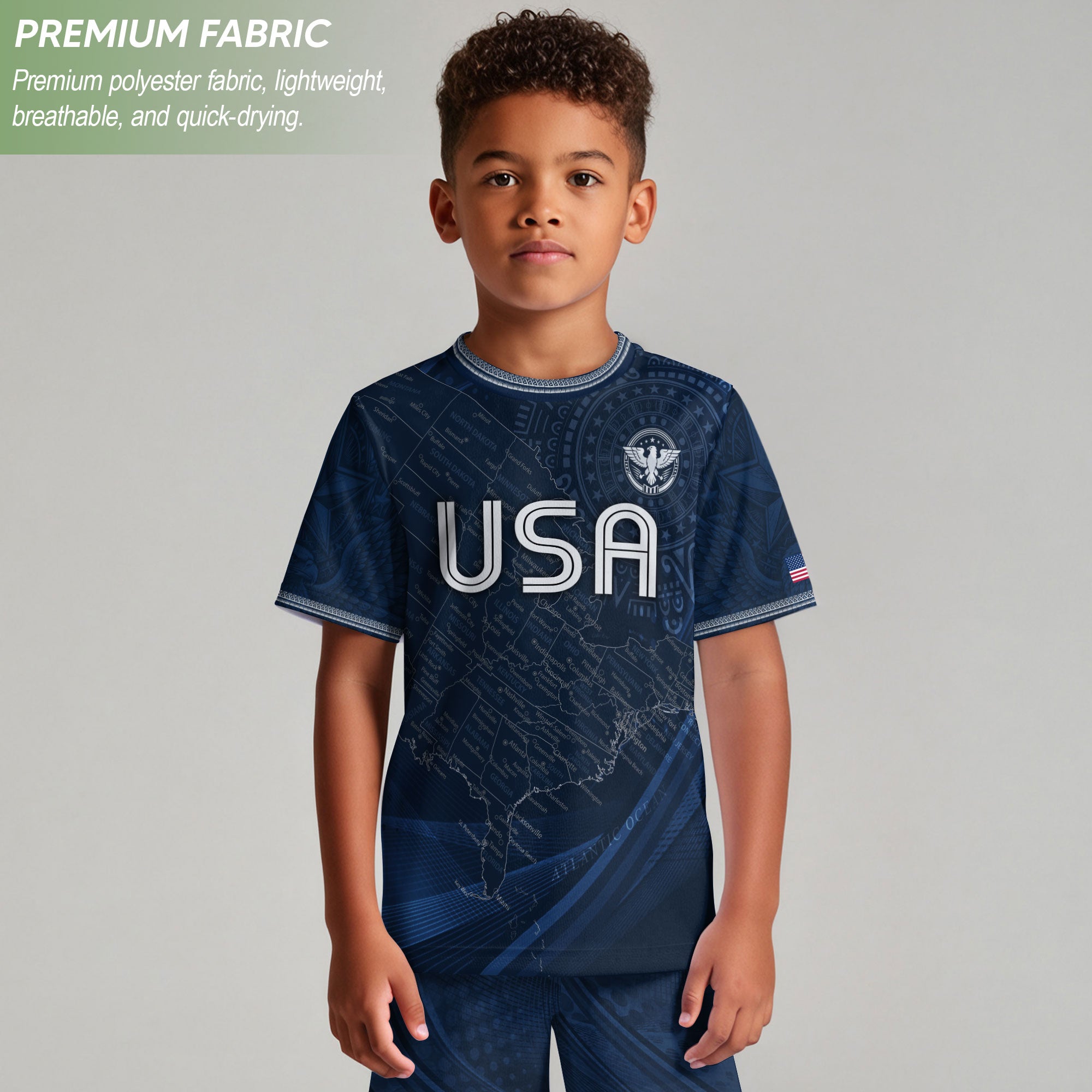 USA Kids Soccer Jersey Set Navy Blue Eagle Map Patriotic Football Outfit Kit