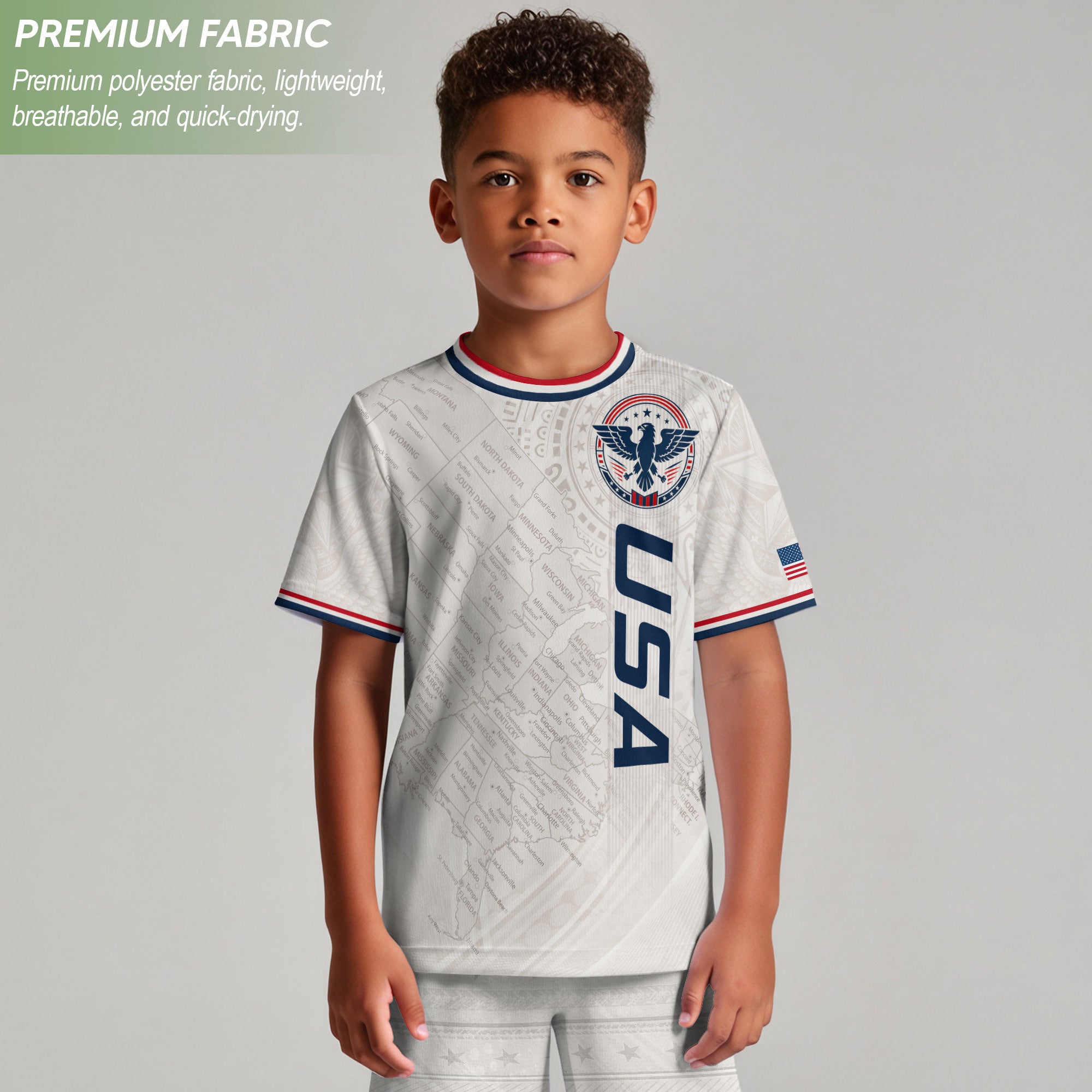 USA Kids Soccer Jersey Set White Eagle Patriotic Youth Football Outfit Kit