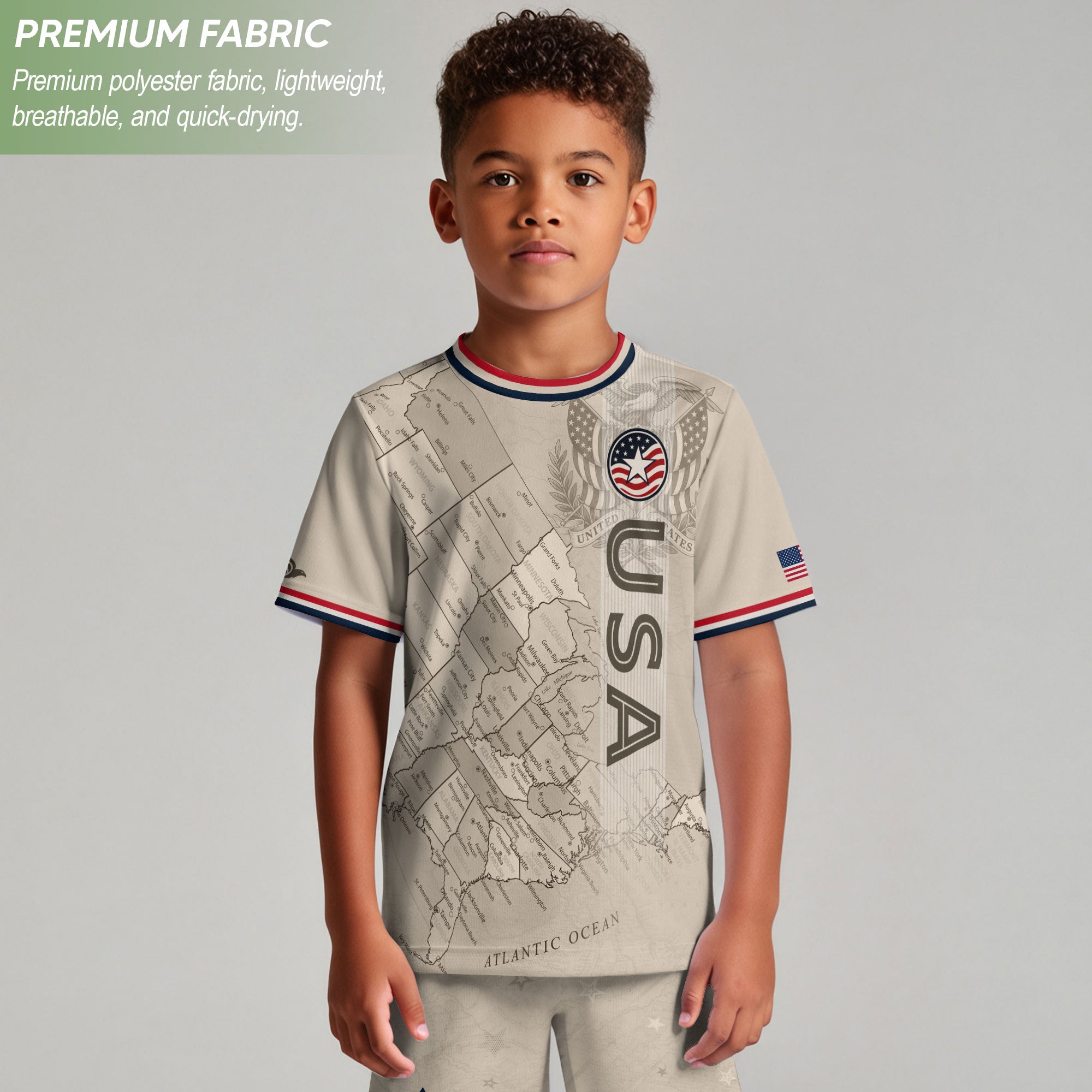 USA Kids Soccer Jersey Set Off White Map Graphic Youth Football Kit