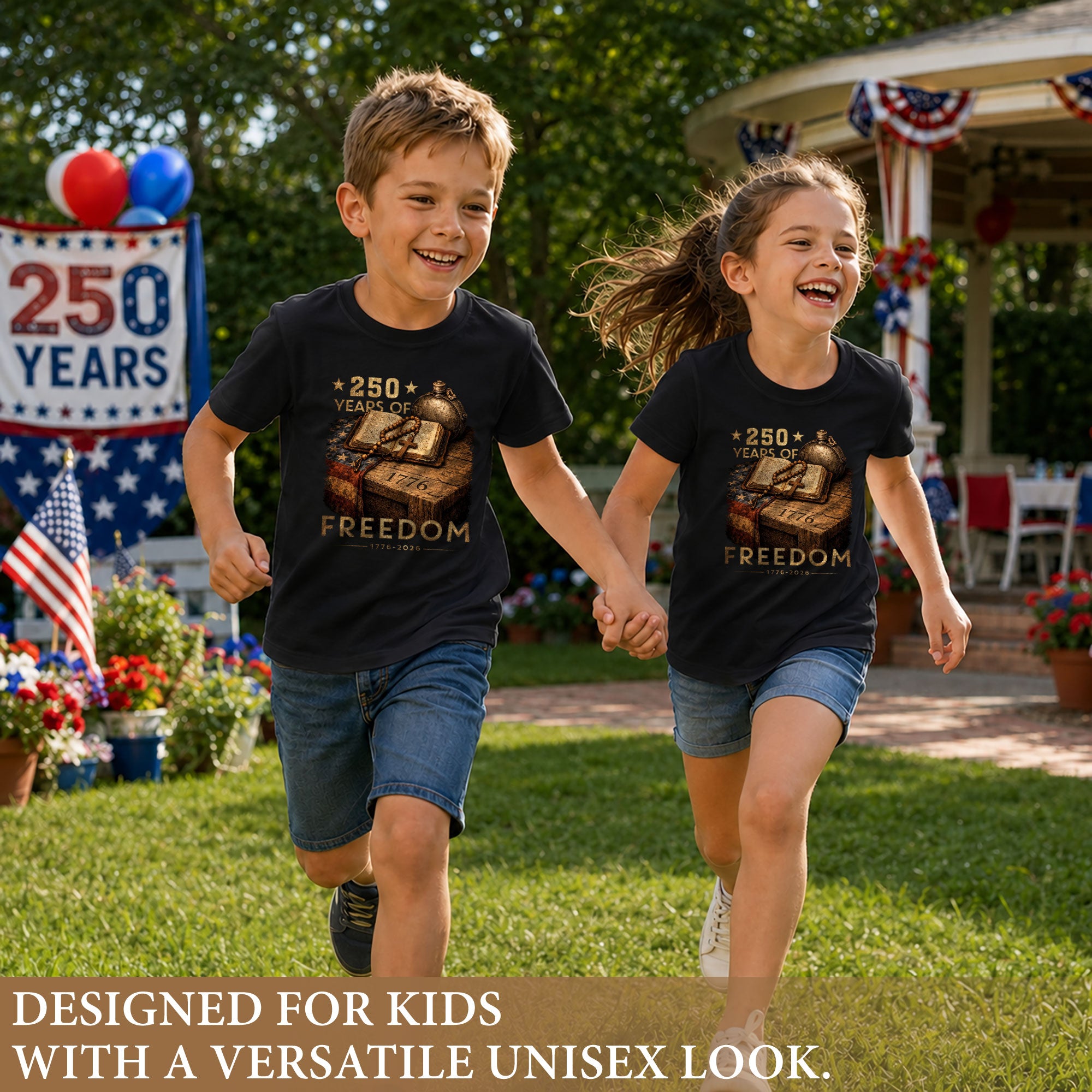 250 Years of Freedom Kids Tee 1776–2026 Faith and Patriotism Graphic Shirt