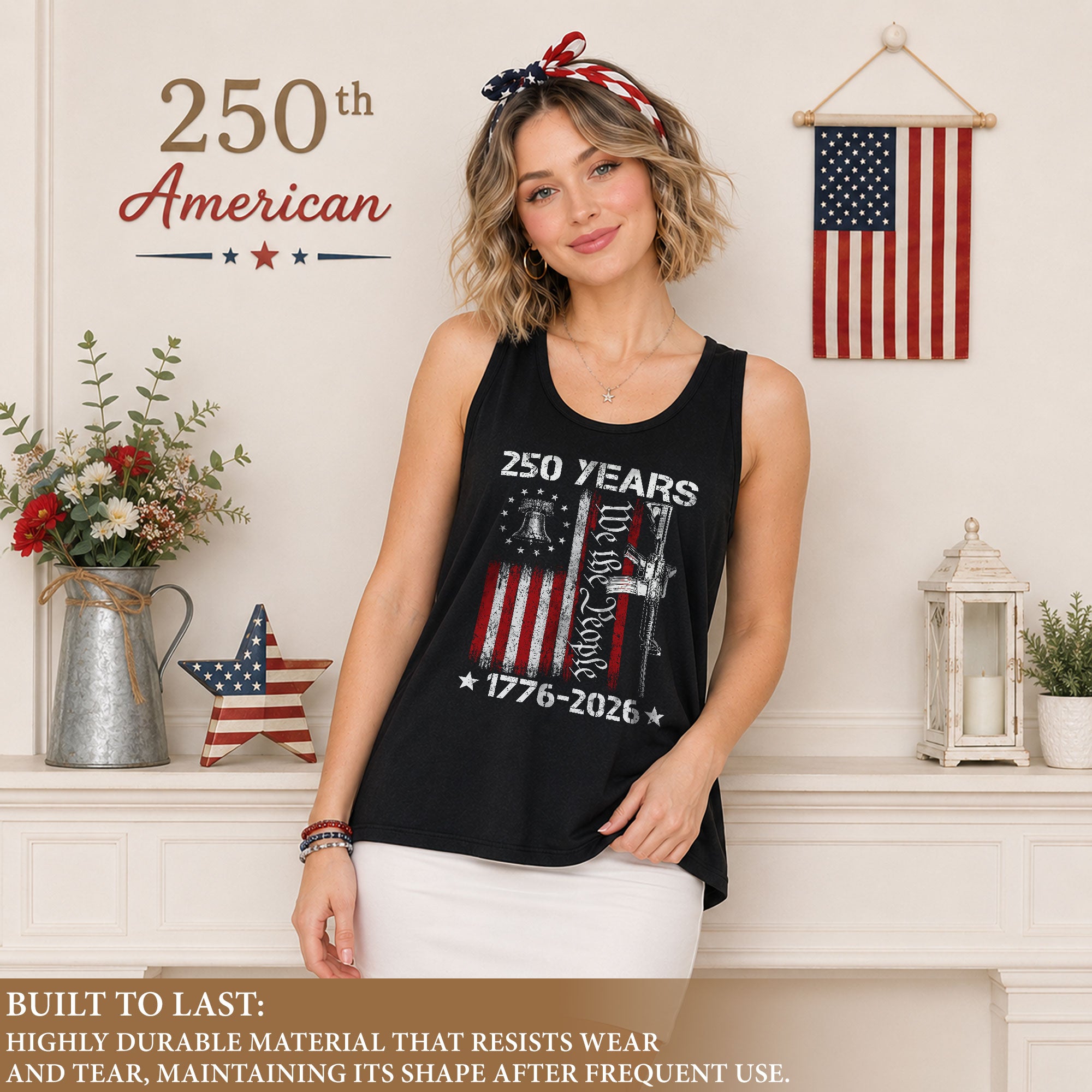 250 Years Tank Top Women We the People Liberty Bell Patriotic US Vertical Flag Shirt