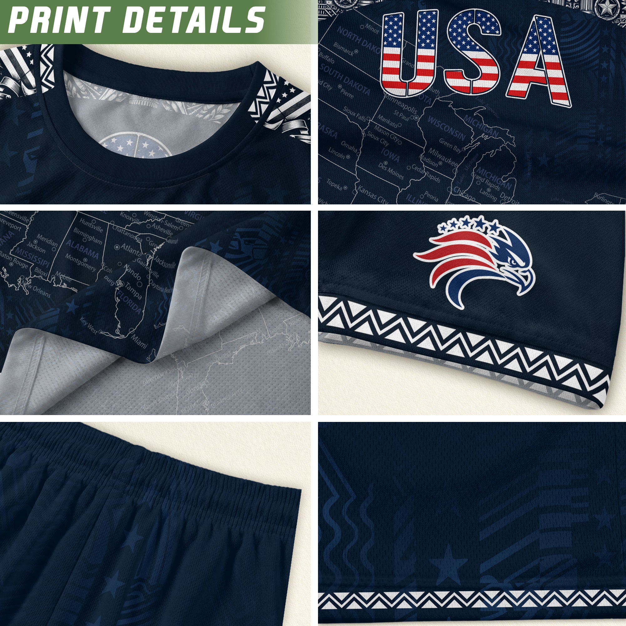 Navy USA Soccer Jersey Flag Pattern US Map American Shirt Patriotic Stars Stripes