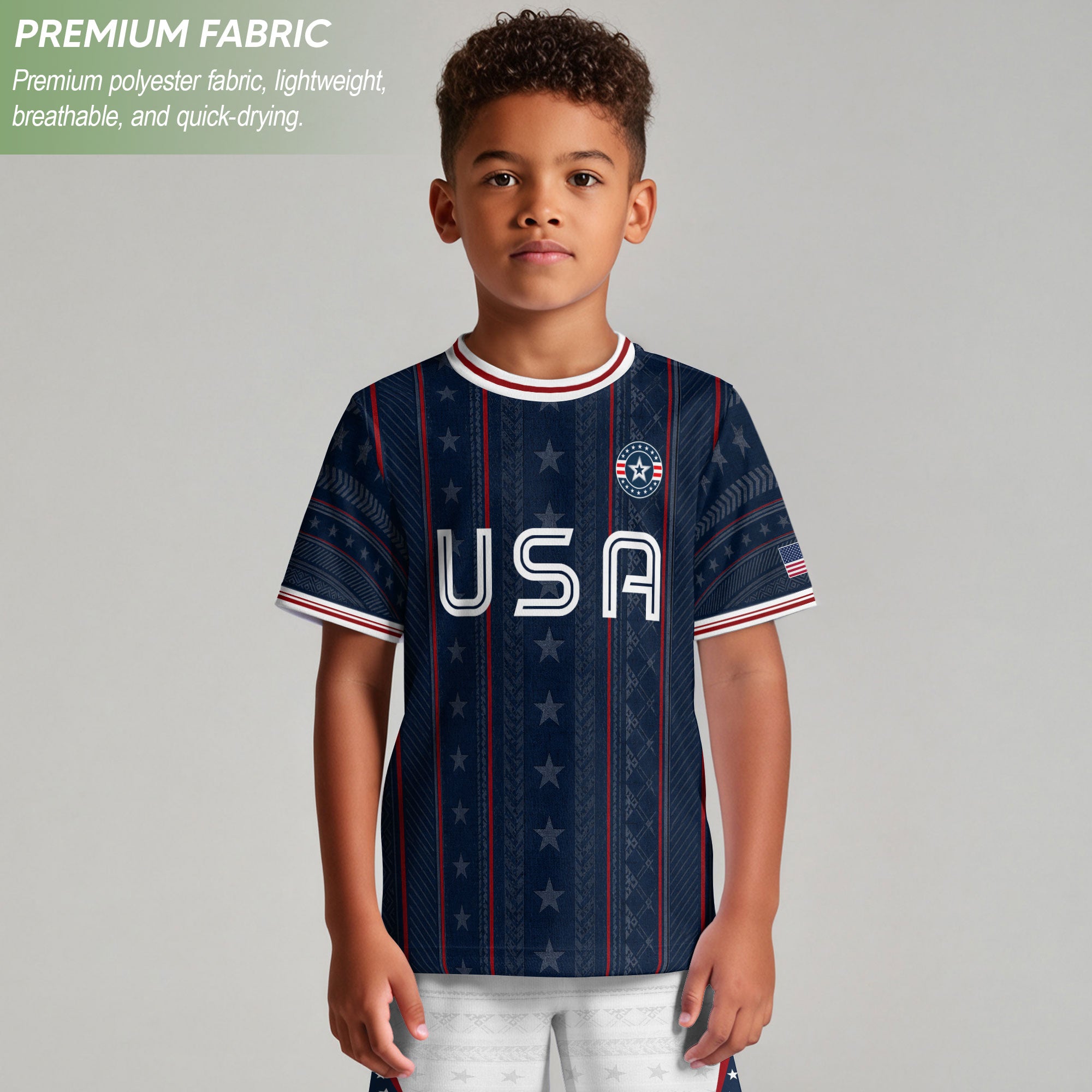 USA Kids Soccer Jersey Set Navy Blue White Striped Youth Football Kit