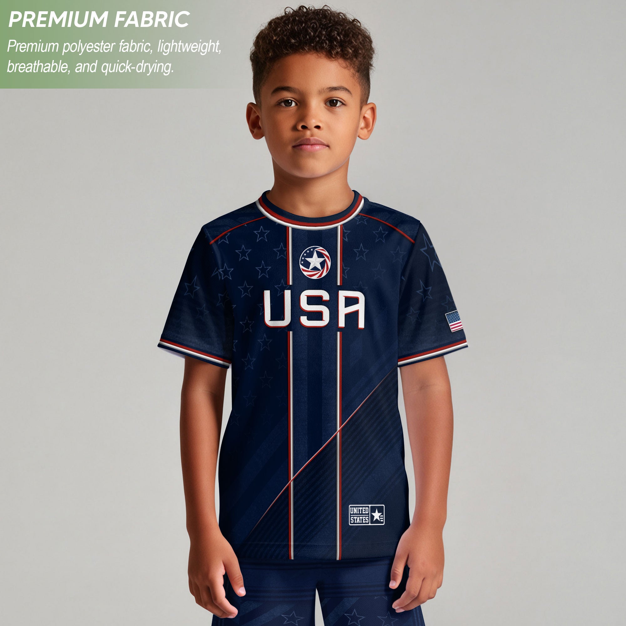 USA Kids Soccer Jersey Set Navy Blue Red Line Youth Football Outfit
