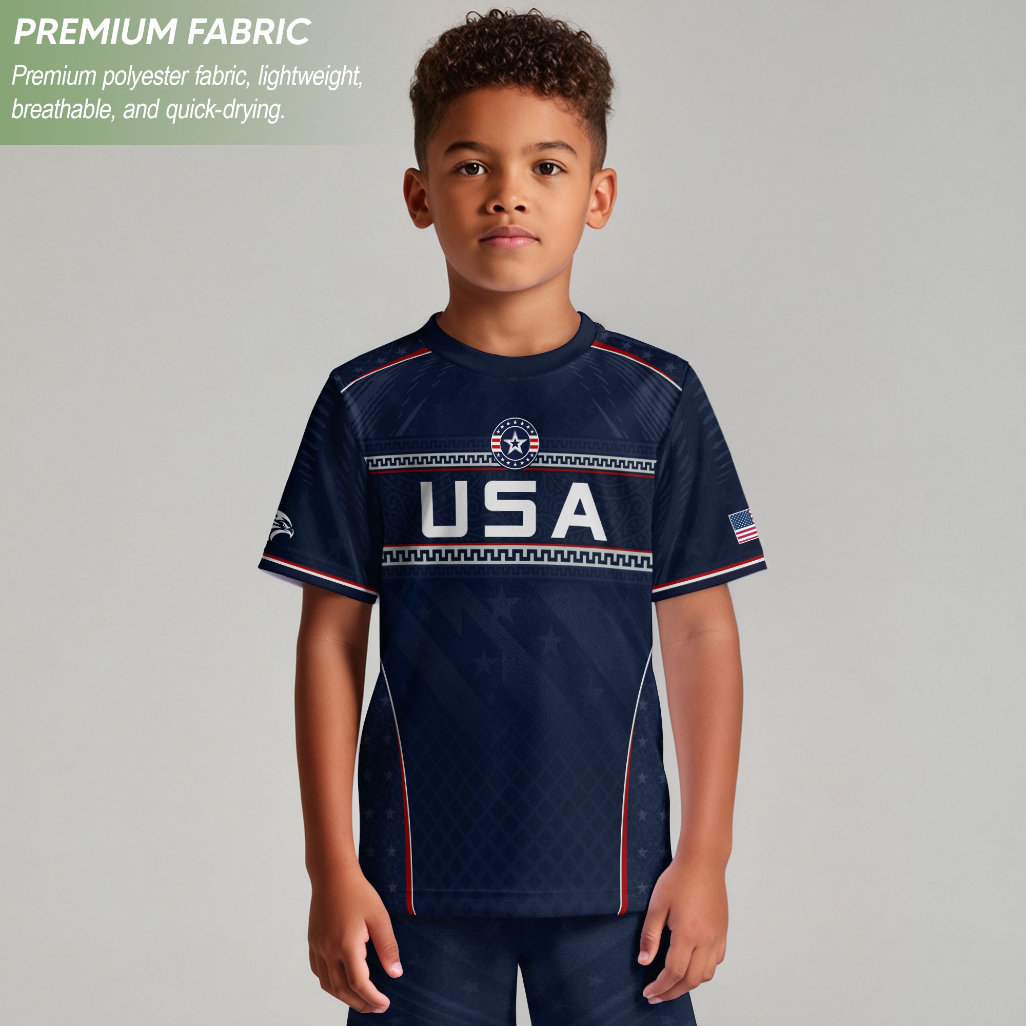 USA Kids Soccer Jersey Set Navy Blue Chest Stripe Youth Football Kit
