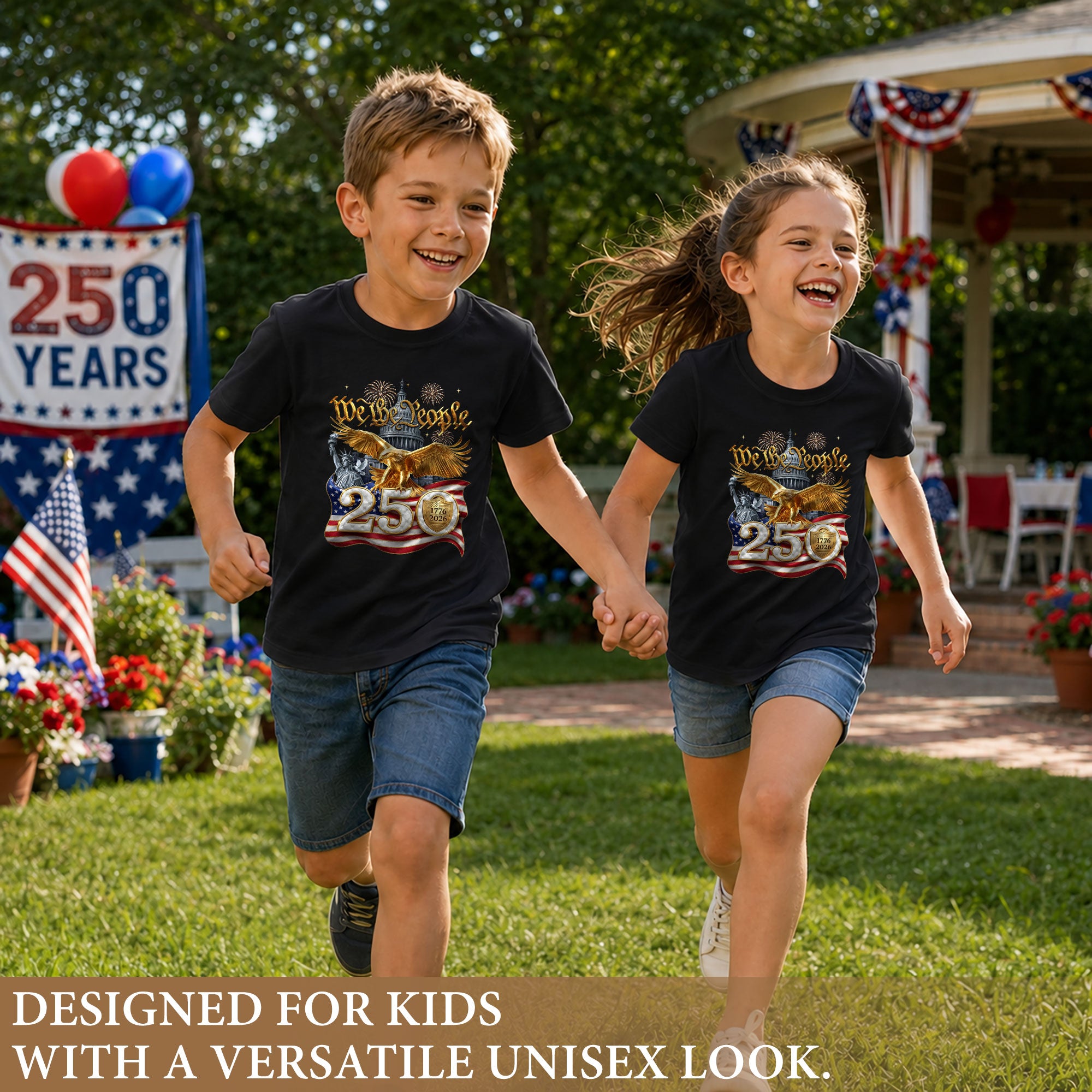 250 Years Kids T-Shirt We The People Patriotic Golden Eagle American Flag Youth Tee