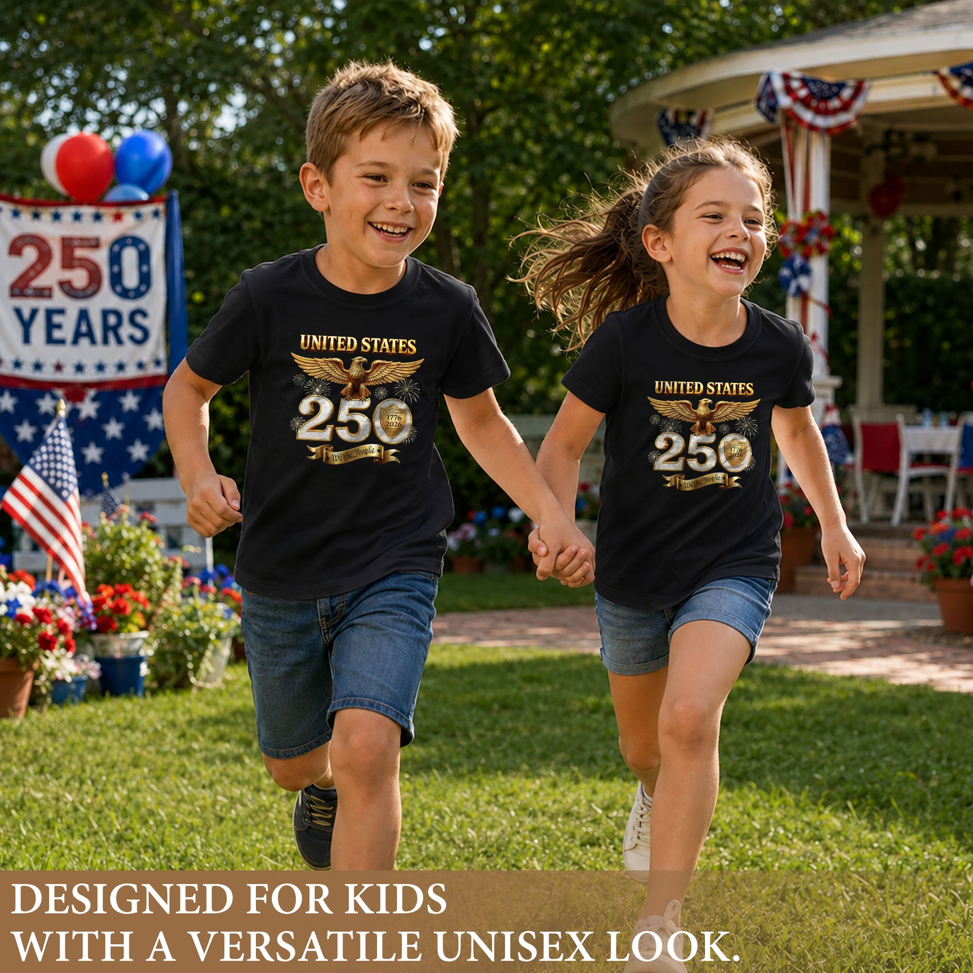 250 Years Kids T-Shirt We The People Patriotic Eagle Gold Shield 1776-2026 Youth Tee
