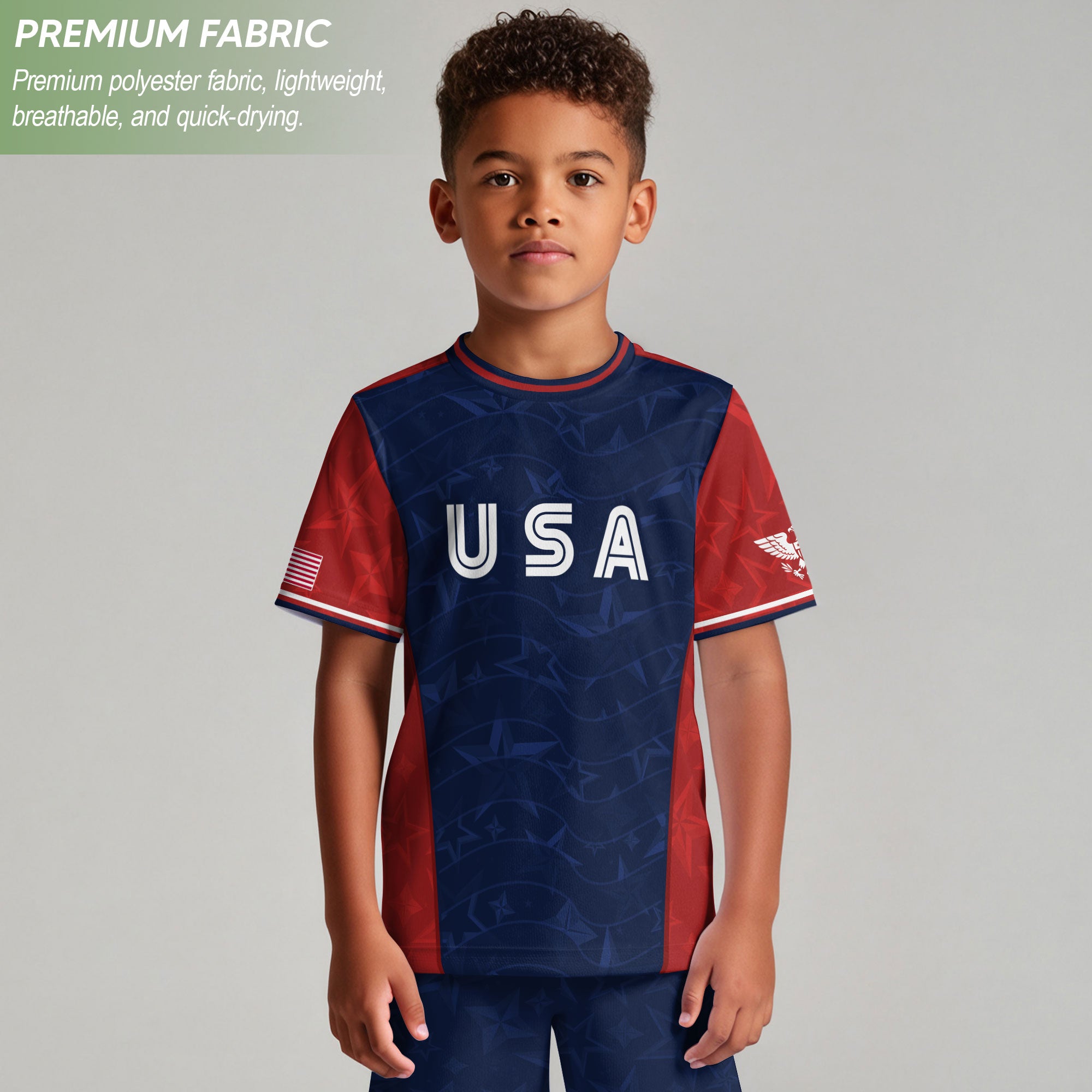 USA Kids Soccer Jersey Youth Navy Blue Red Patriotic Stars Graphic Football Shirt
