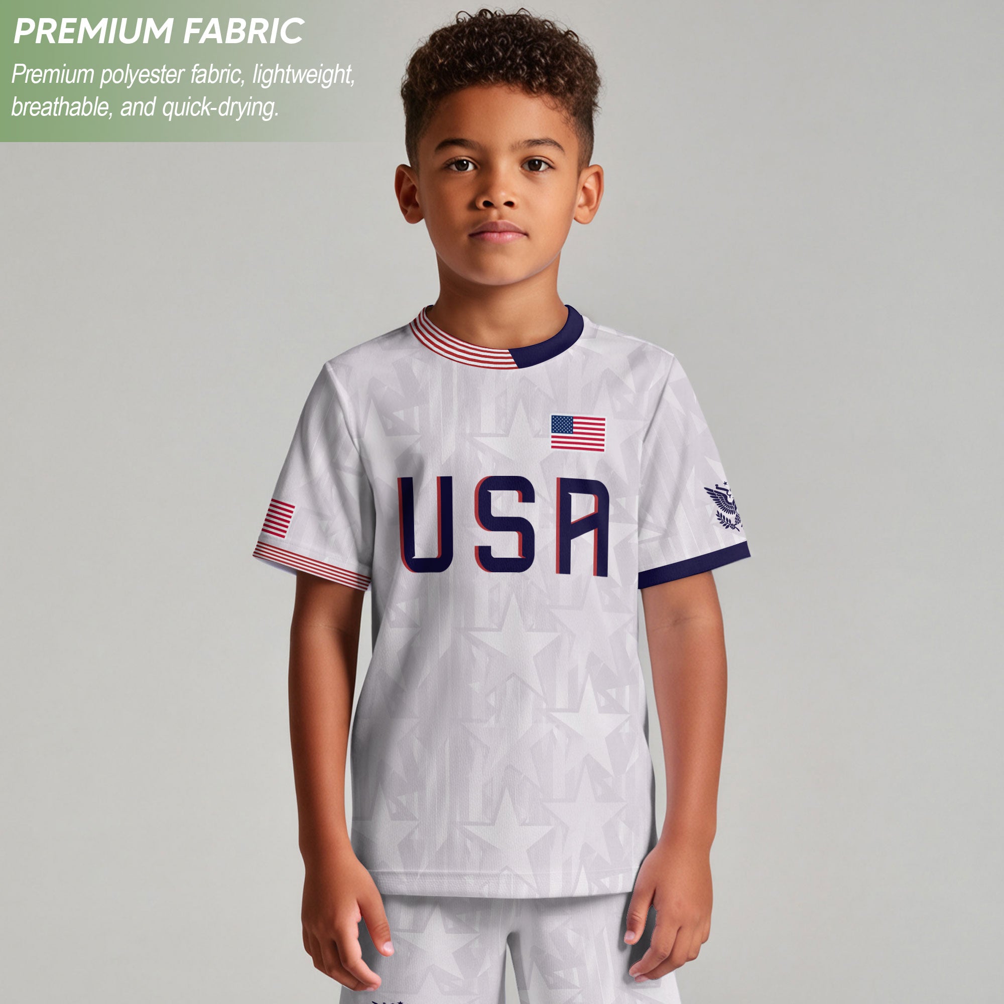 USA Kids Soccer Jersey Youth White Patriotic Stars Eagle Graphic Football Shirt