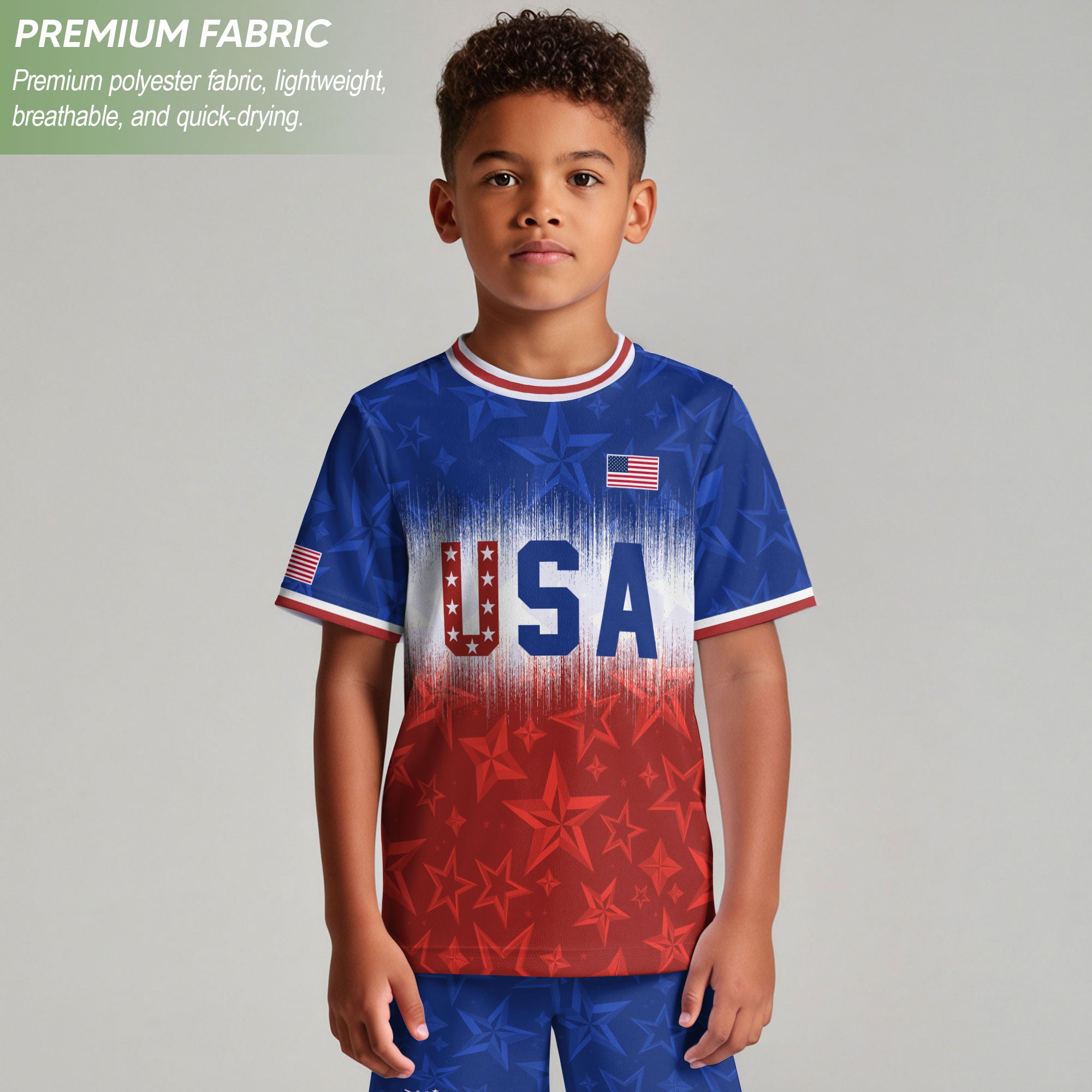USA Kids Soccer Jersey Youth Blue White Red Tie Dye Stars Patriotic Football Shirt