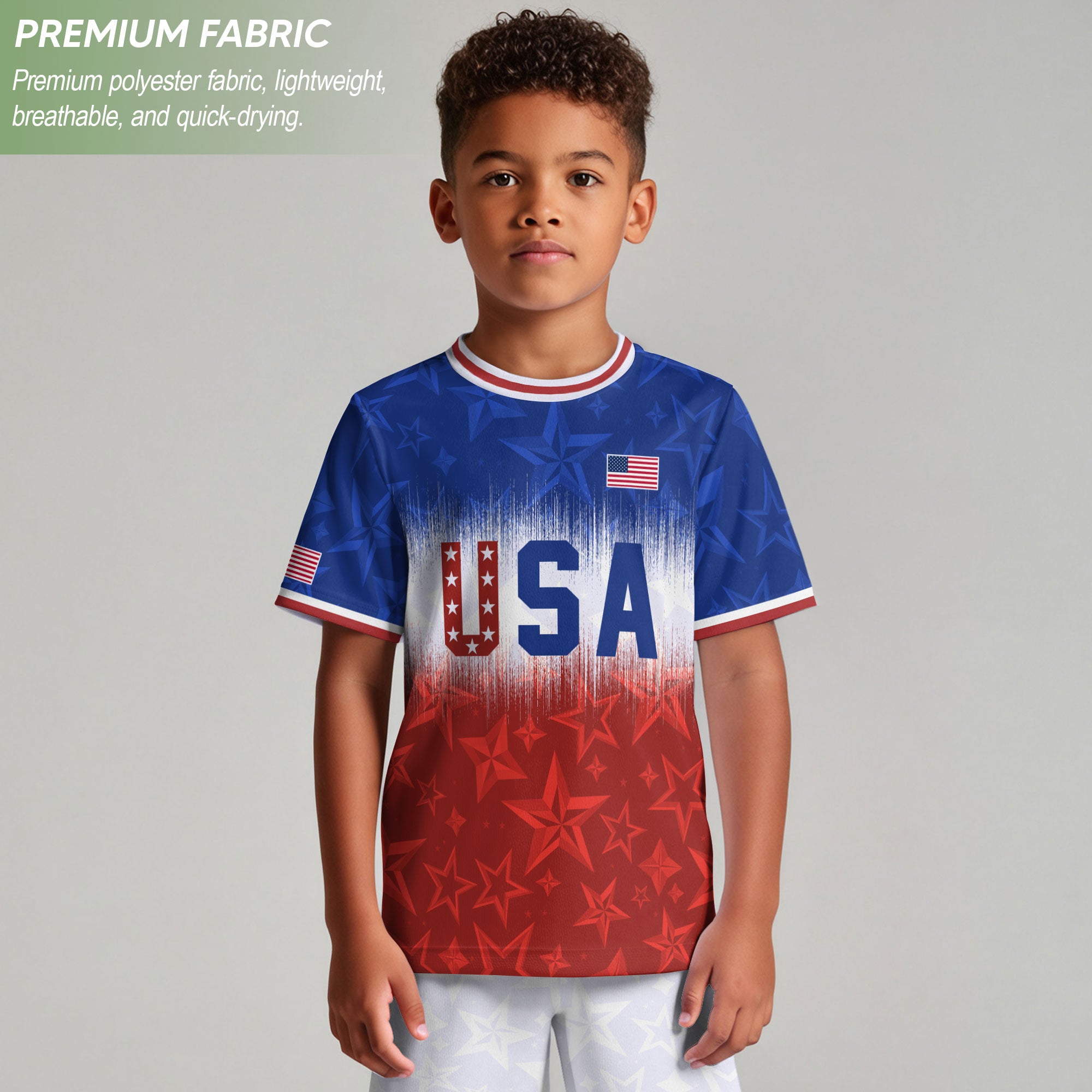 USA Kids Soccer Jersey Youth Blue White Red Tie Dye Stars Patriotic Football Shirt