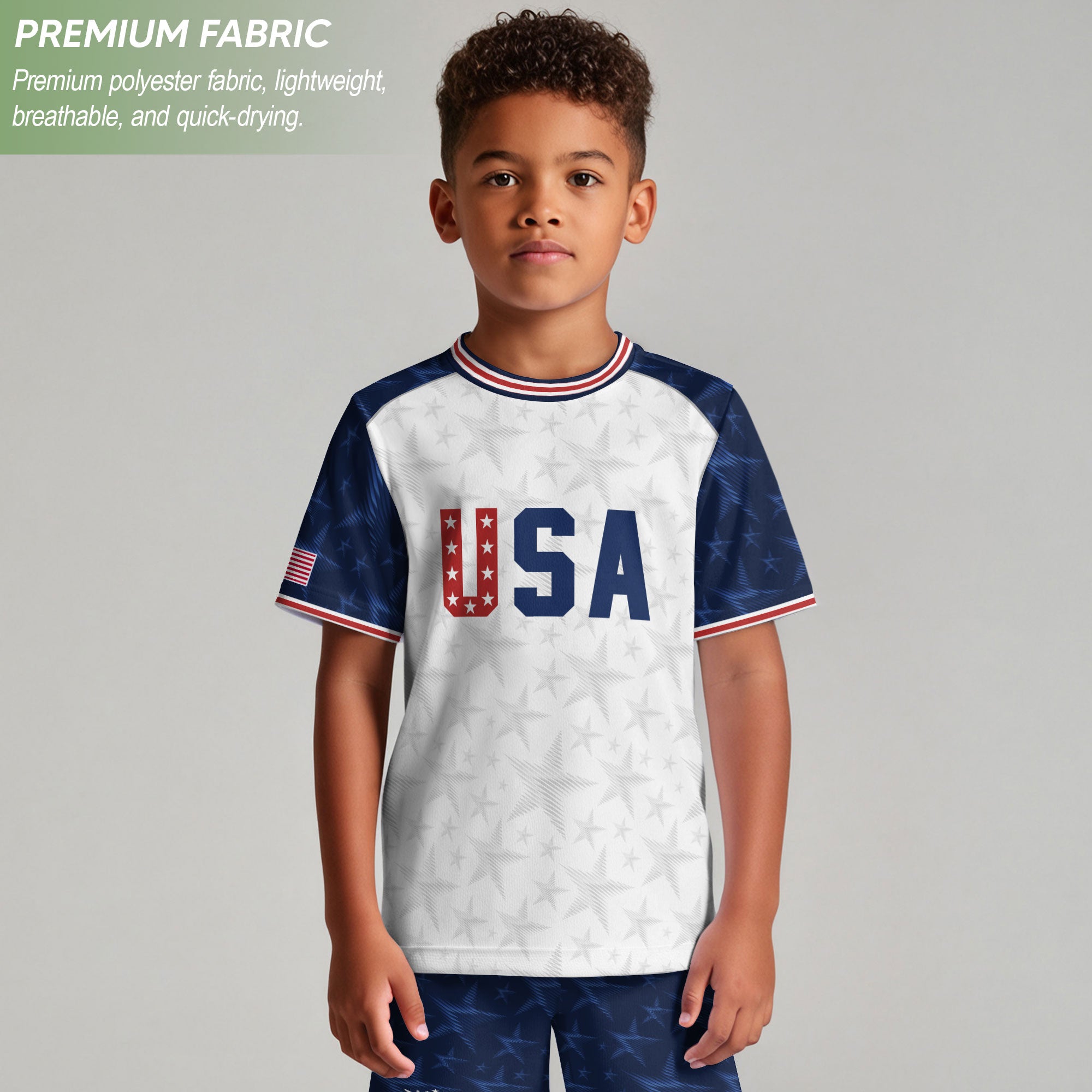 USA Kids Soccer Jersey Youth White Blue Raglan Patriotic Stars Eagle Football Shirt