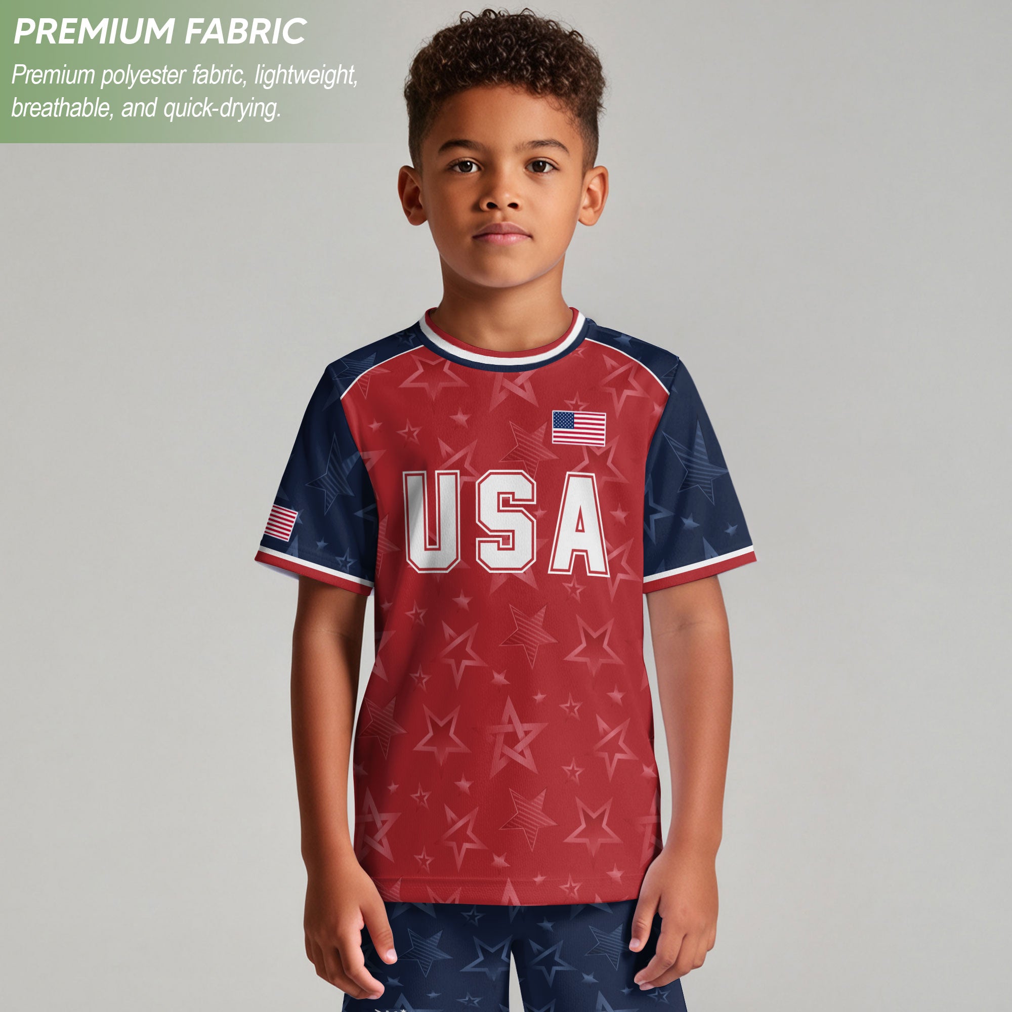 USA Kids Soccer Jersey Youth Red Blue Raglan Patriotic Stars Eagle Football Shirt