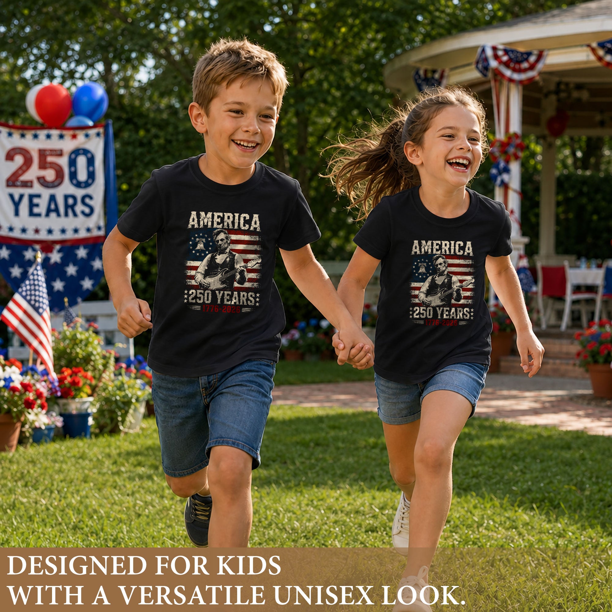 T-Shirt Kid Patriotic 1776-2026 America 250 Years Abraham Lincoln Guitar Children Shirt