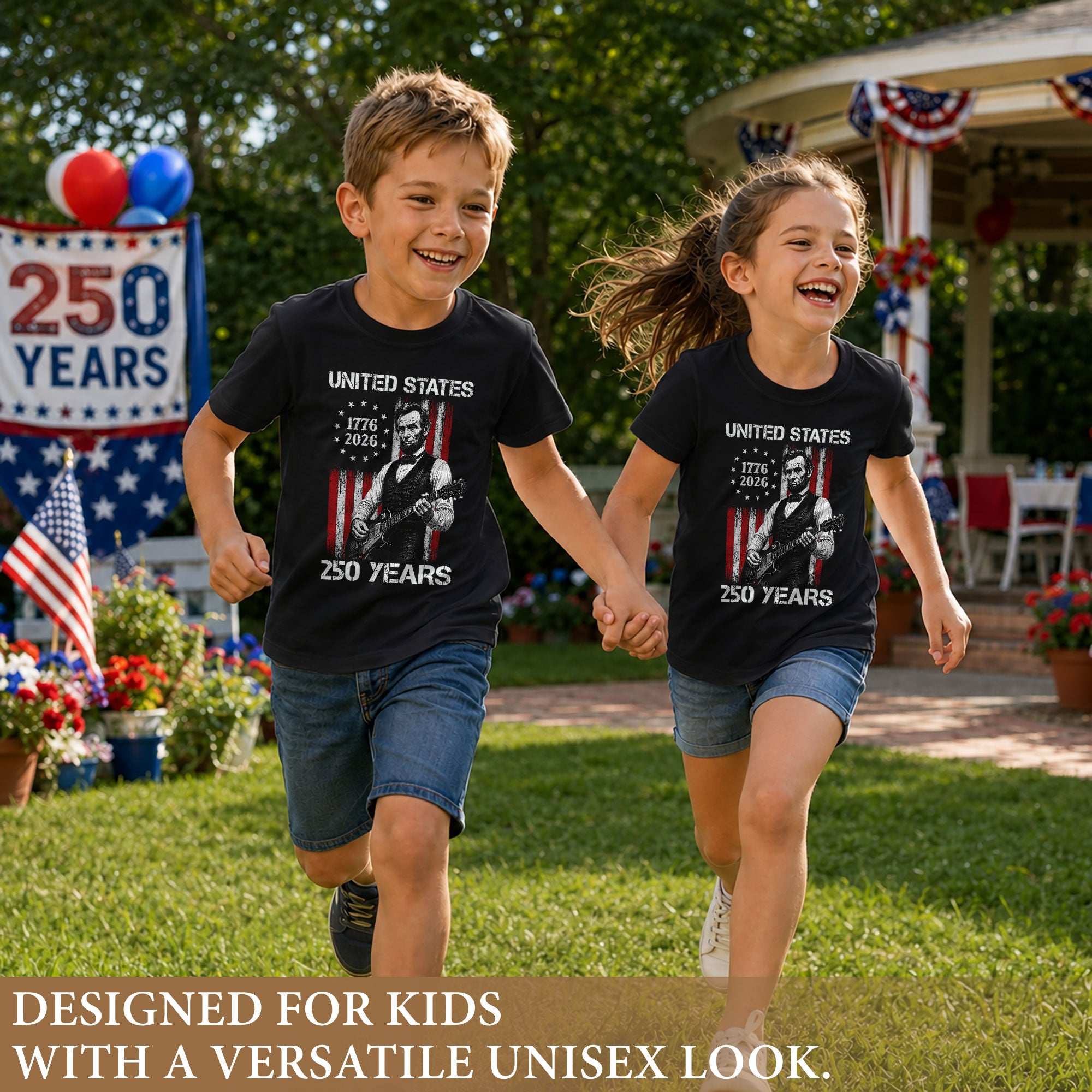 T-Shirt Kid Stars 1776-2026 America 250 Years Abraham Lincoln Guitar Boys Girls Tee