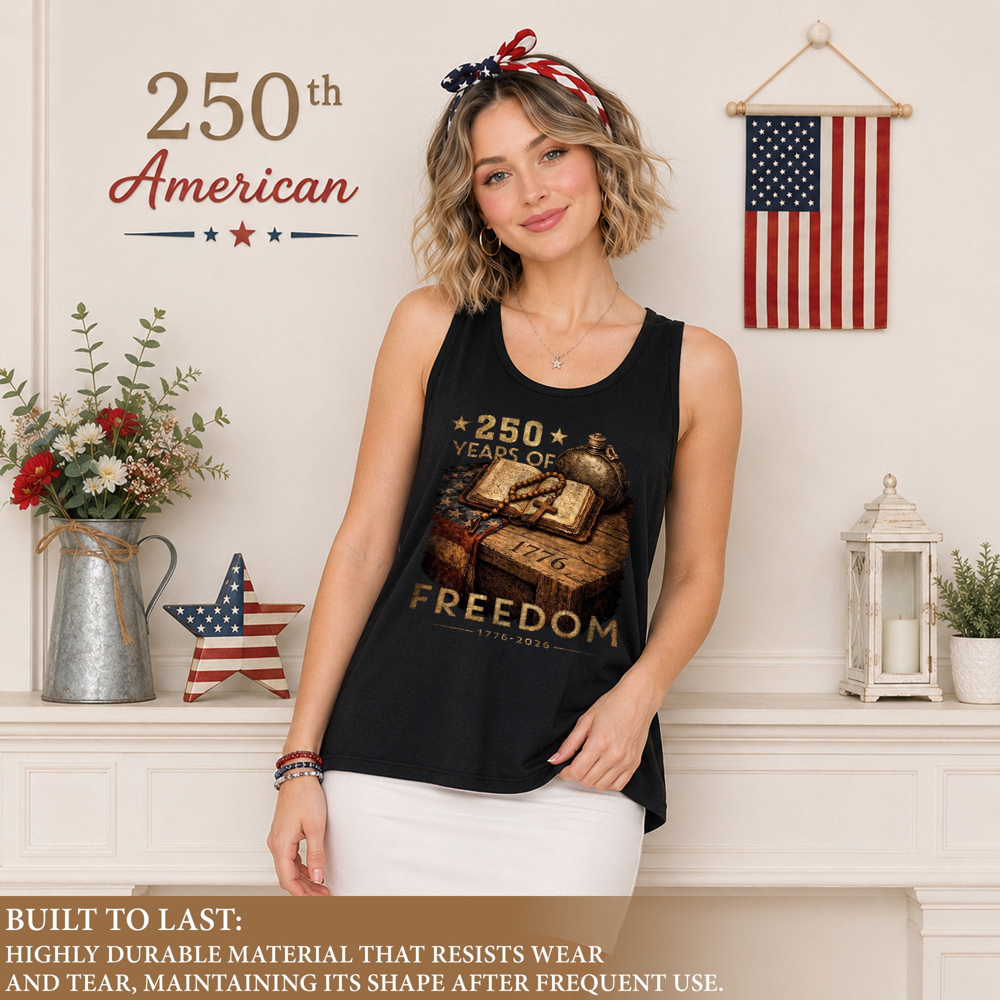 250 Years of Freedom Tank Top Women 1776-2026 Vintage Faith Patriotic US Shirt