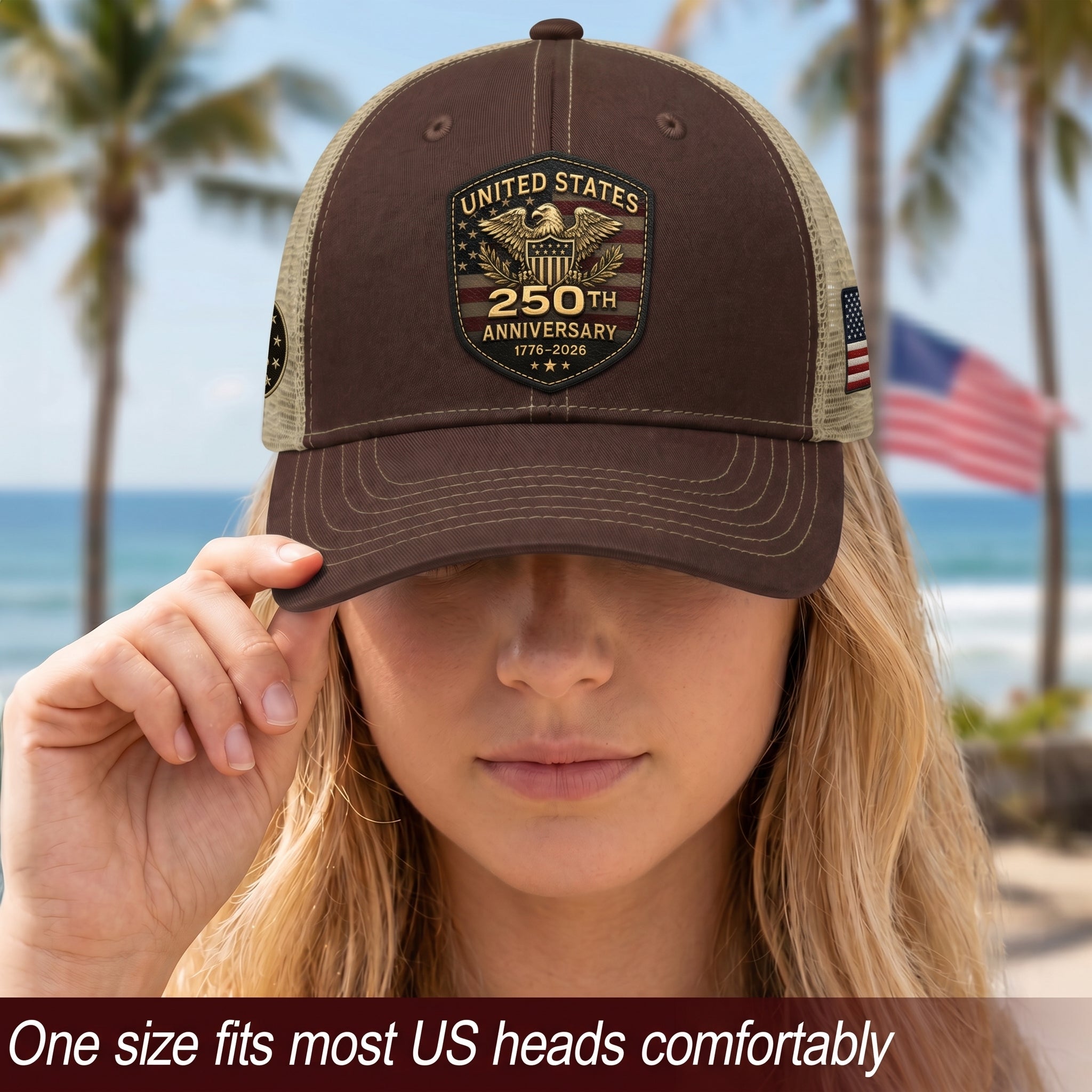 US 250th Anniversary Leather Patch Hat - Patriotic 1776-2026 American Flag Trucker Cap