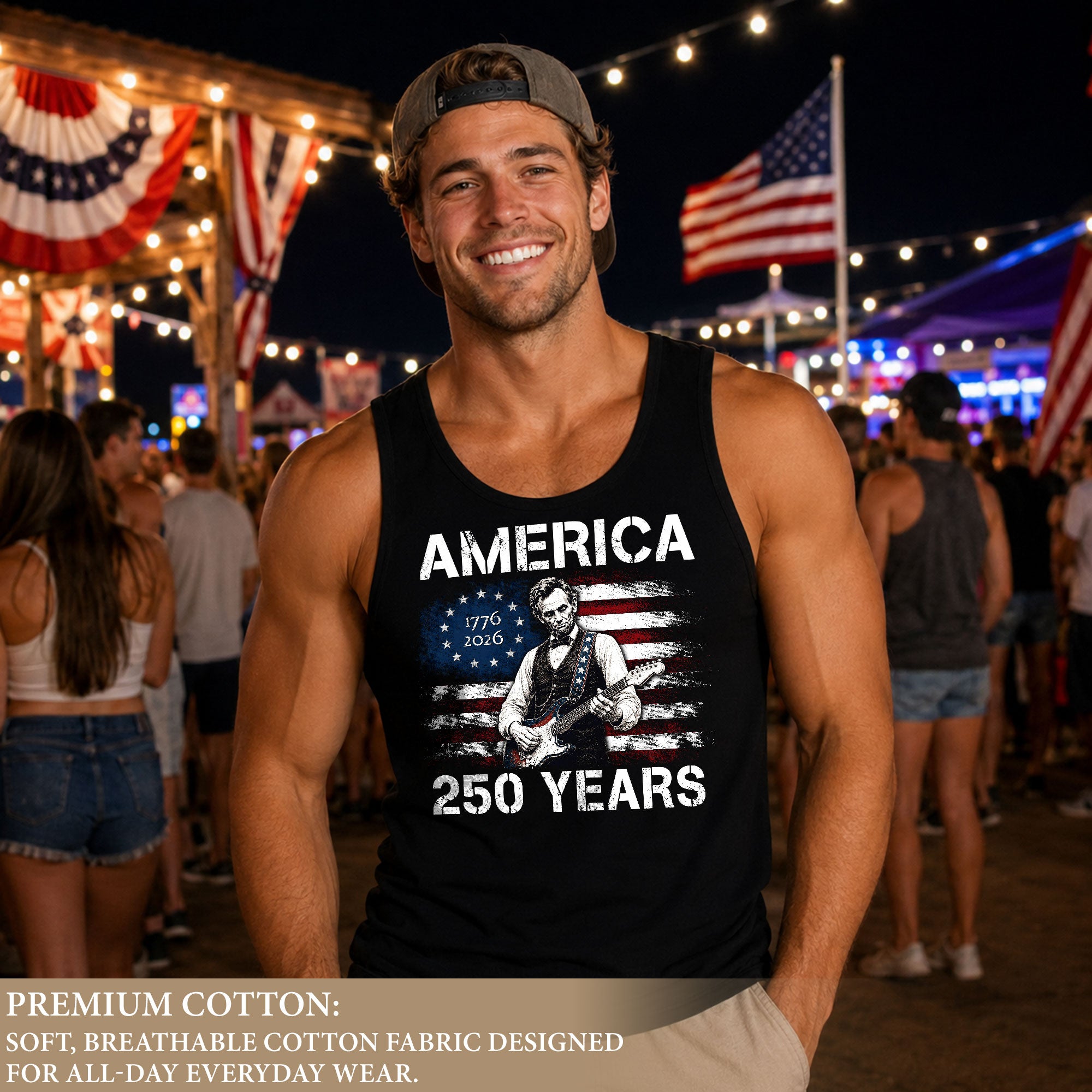Retro Lincoln Guitar Flag Tank Top 1776-2026 Patriotic Vintage Men Graphic Sleeveless Shirt
