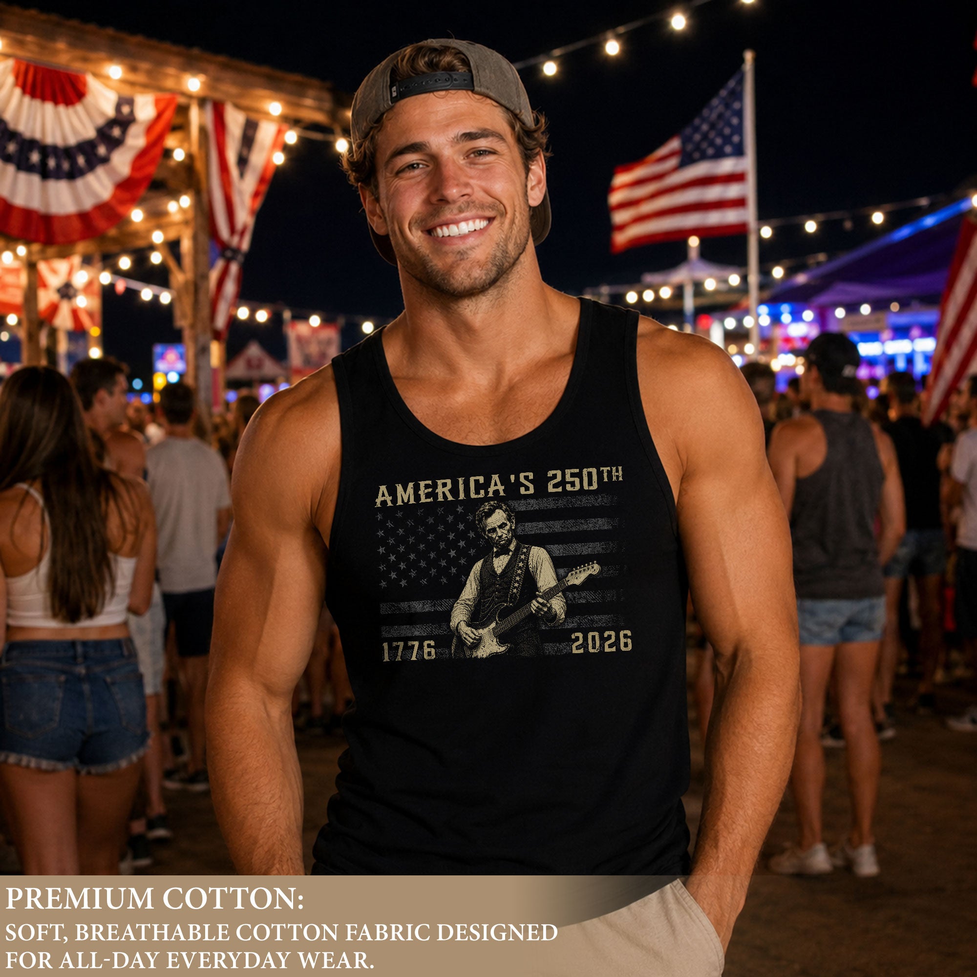 Blackout Flag Lincoln Guitar Tank Top 1776-2026 Patriotic Vintage Men Graphic Gym Shirt