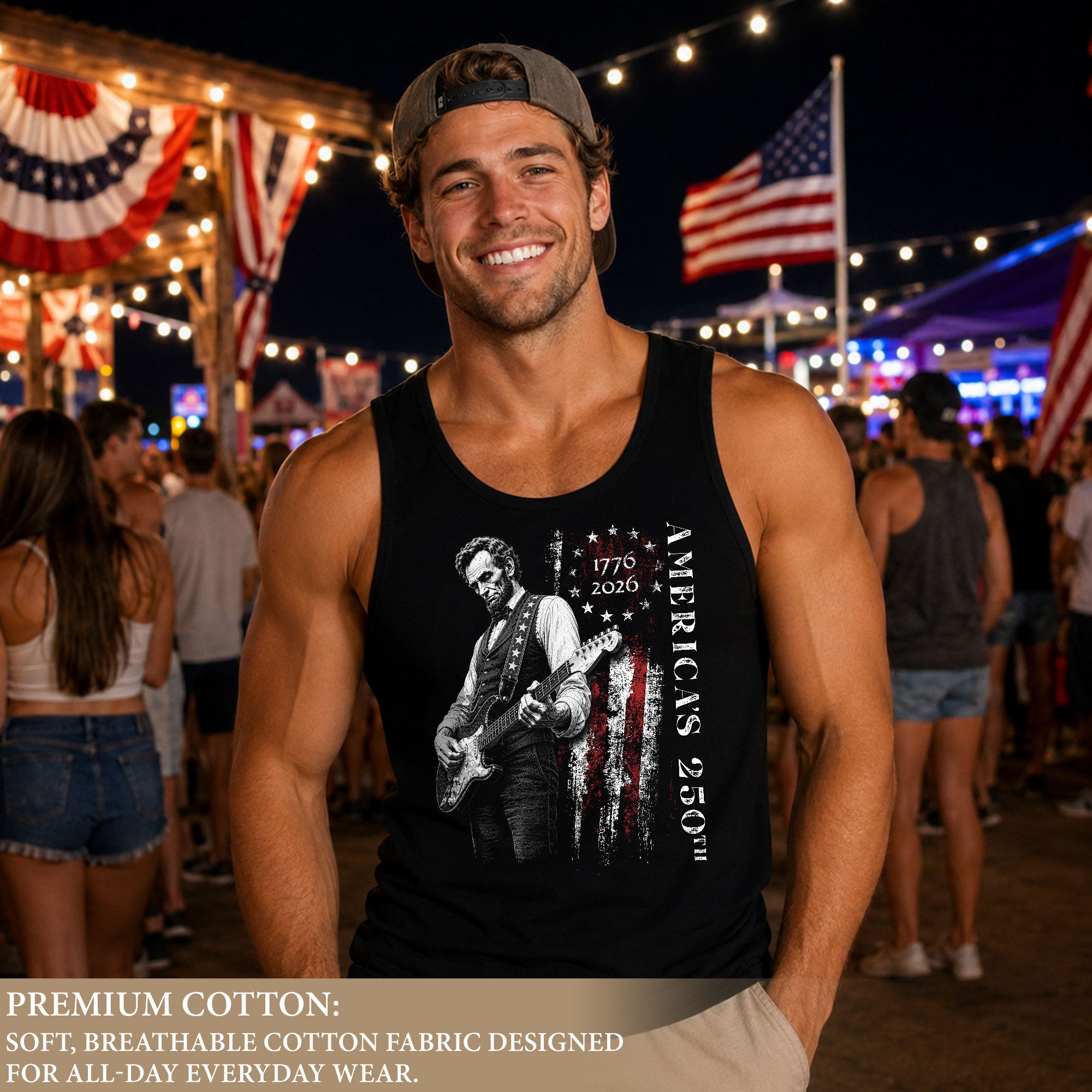 Vertical Flag Lincoln Guitar Tank Top 1776-2026 Patriotic Vintage Men Graphic Gym Shirt