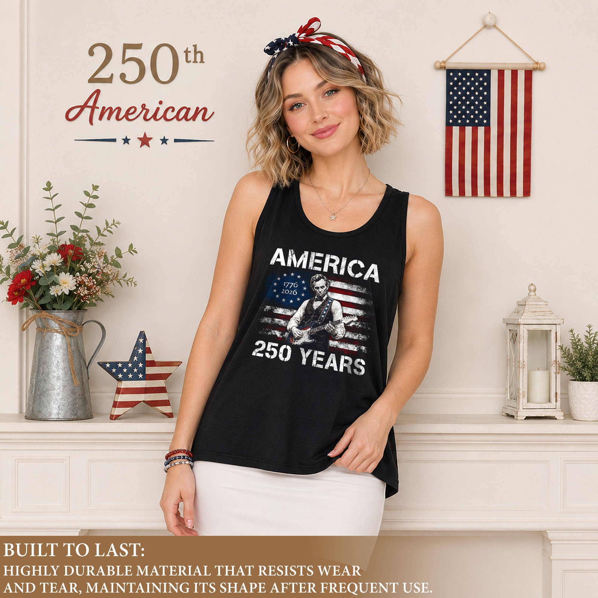 250 Years Tank Top Women America Lincoln Guitar Betsy Ross Flag Patriotic US Shirt